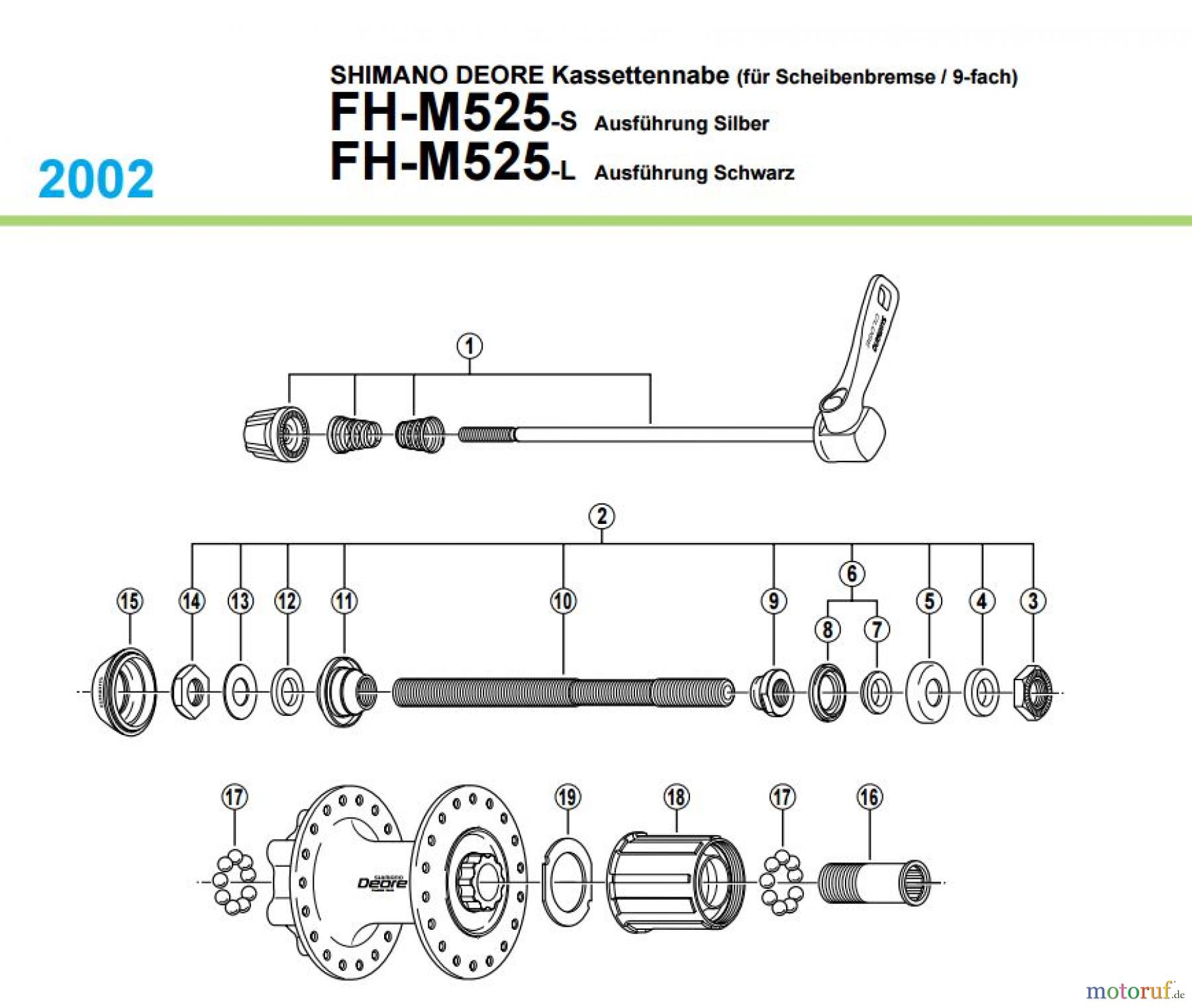  Shimano FH Free Hub - Freilaufnabe FH-M525 -2067 SHIMANO DEORE Kassettennabe (für Scheibenbremse / 9-fach)