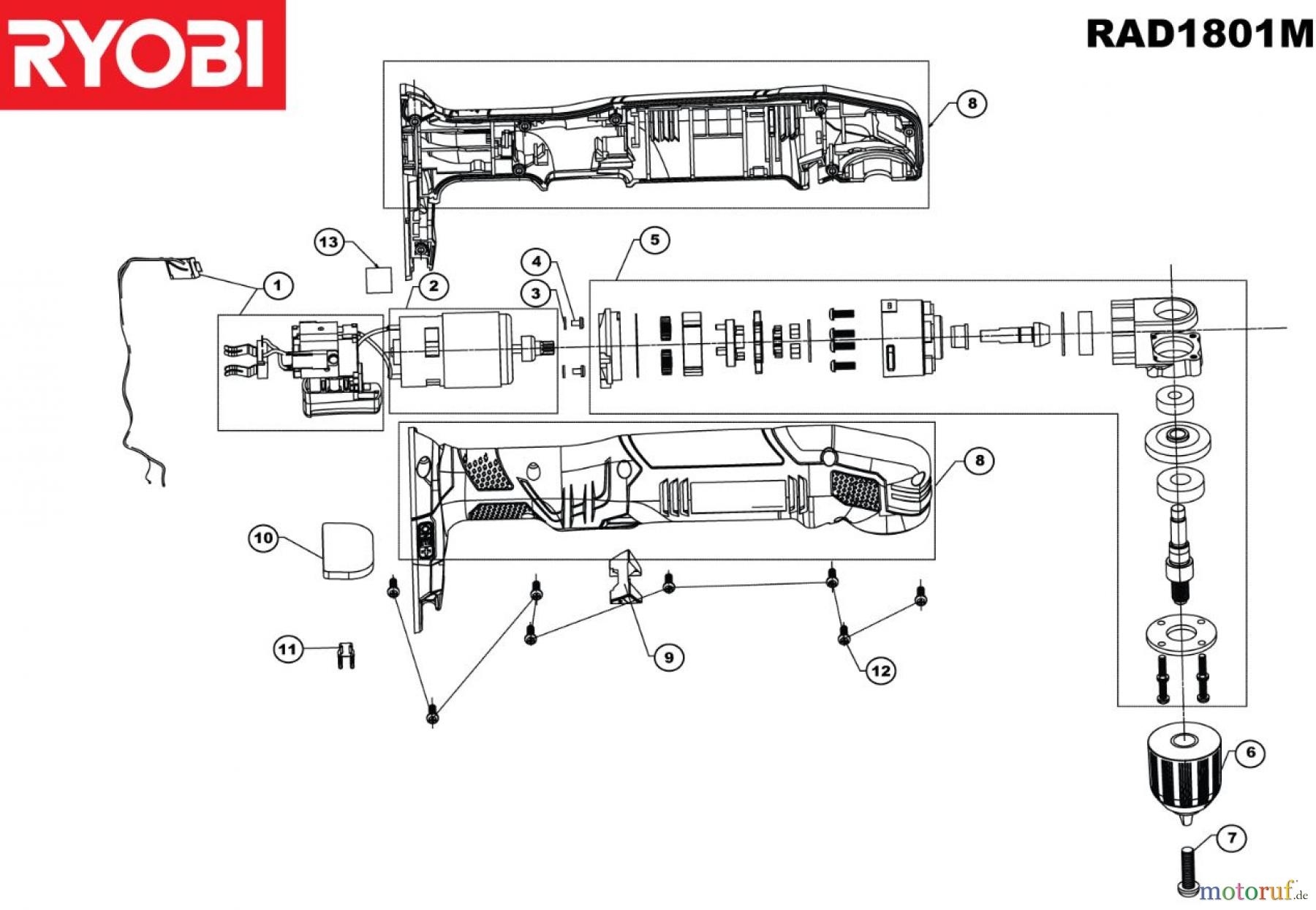 Ryobi (Schlag-)Bohrschrauber Akkuschrauber RAD1801M 18V AKKU WINKELBOHRSCHRAUBER RAD1801M 18V AKKU WINKELBOHRSCHRAUBER