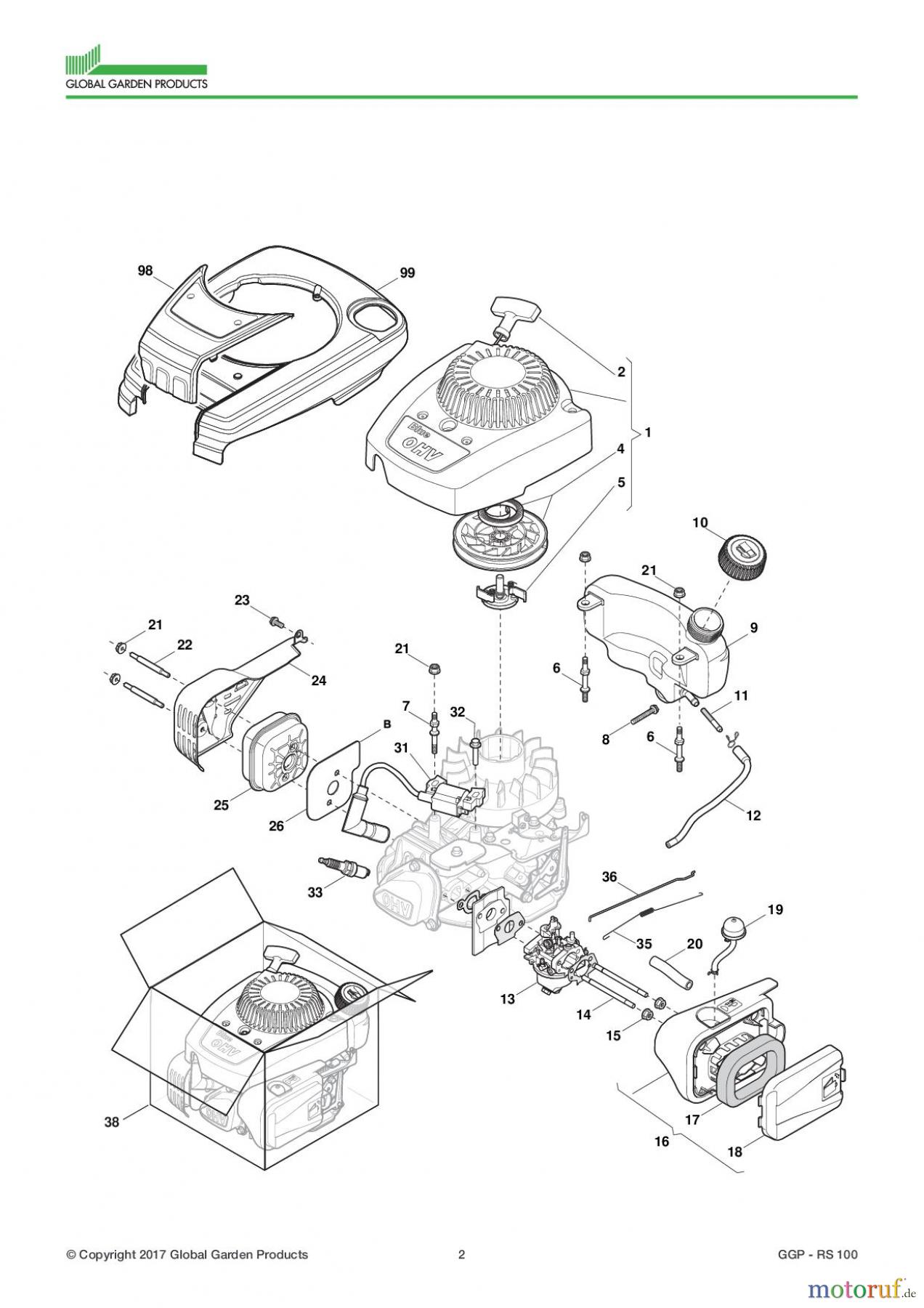 Global Garden Products GGP Motoren 2017 RS 100 Engine - Carburettor, Tank