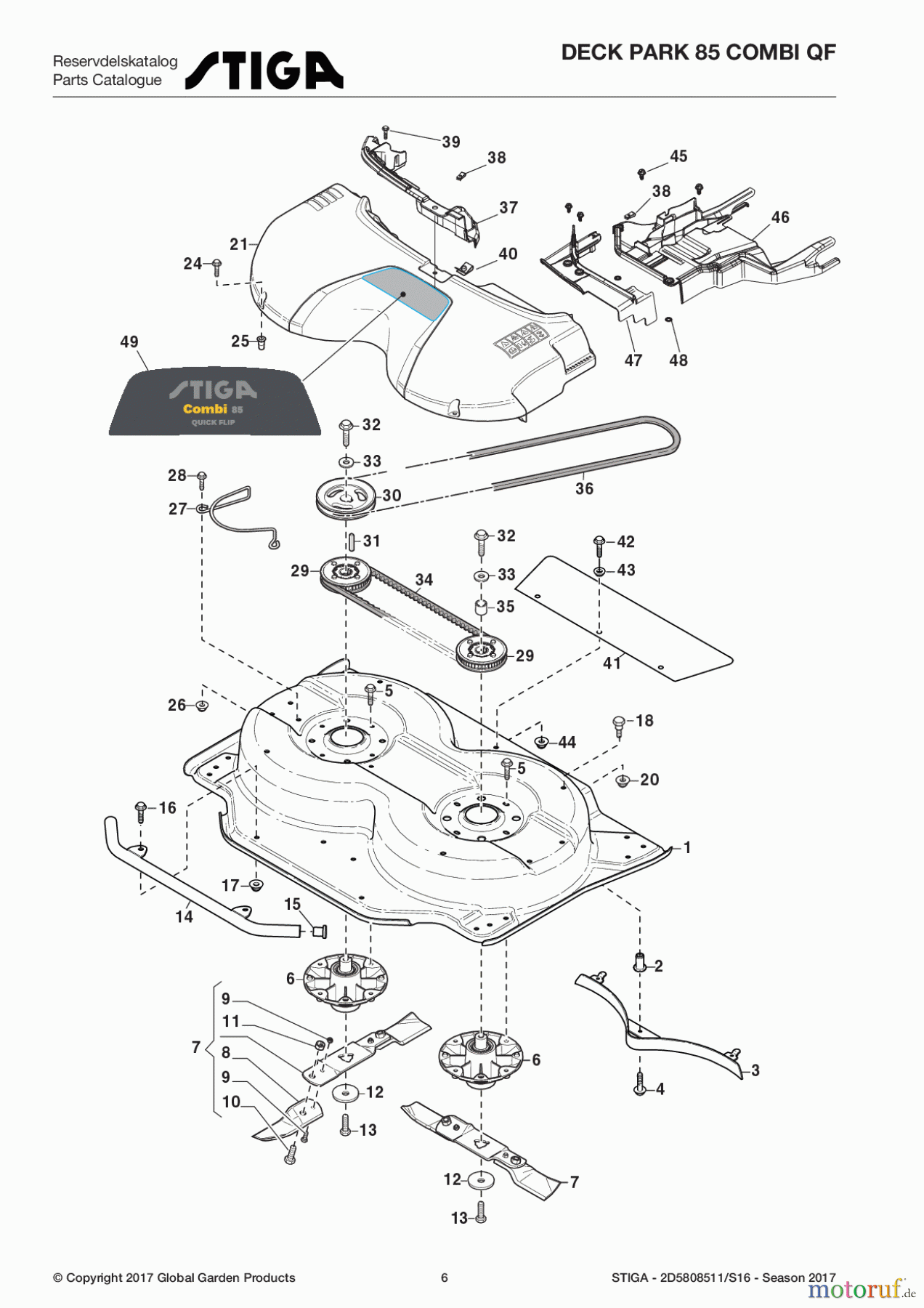 Stiga Frontmäher Mähdecks Baujahr 2017 Deck Park 85 Combi QF 2D5808511/S16 - Season 2017 Transmission and Blades