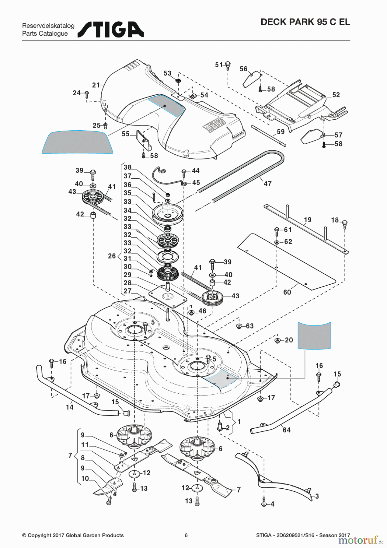 Stiga Frontmäher Mähdecks Baujahr 2017 Deck Park 95 C EL 2D6209521/S16 - Season 2017 Transmission and Blades