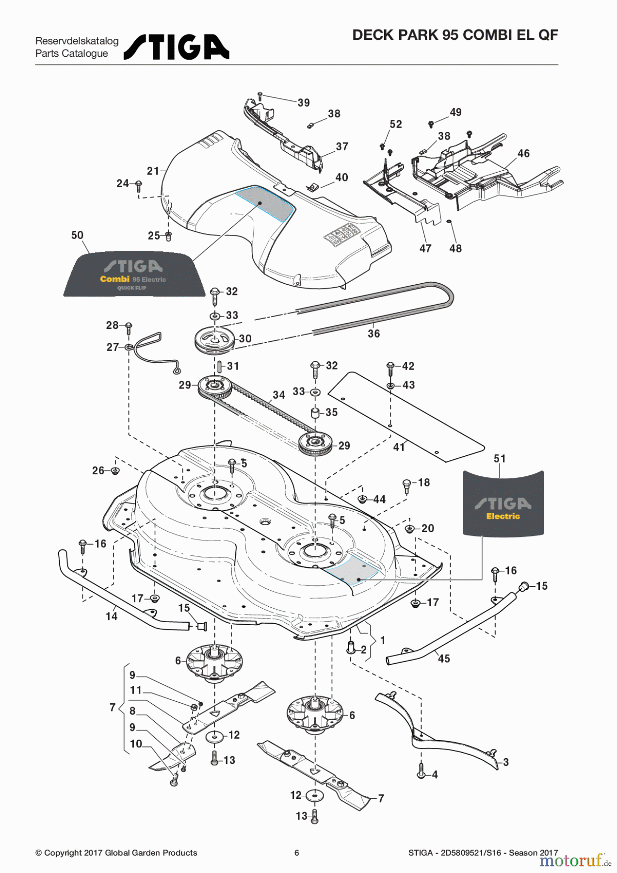 Stiga Frontmäher Mähdecks Baujahr 2017 Deck Park 95 Combi EL QF 2D5809521/S16 - Season 2017 Transmission and Blades