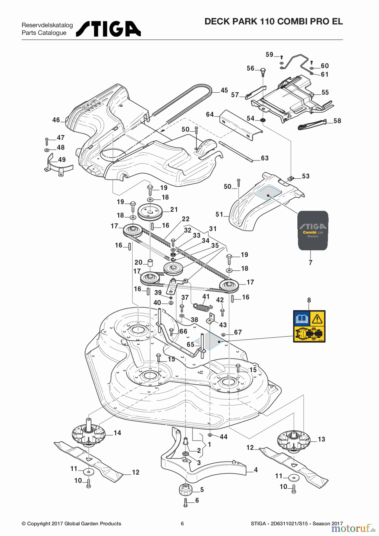 Stiga Frontmäher Mähdecks Baujahr 2017 Deck Park 110 Combi PRO EL 2D6311021/S15 - Season 2017 Transmission and Blades