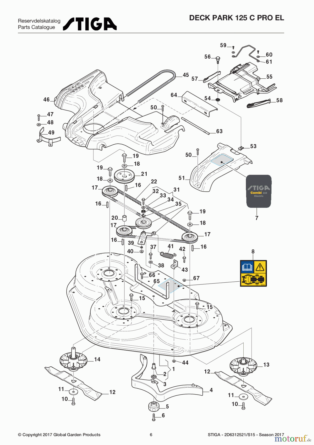 Stiga Frontmäher Mähdecks Baujahr 2017 Deck Park 125 C PRO EL 2D6312521/S15 - Season 2017 Transmission and Blades