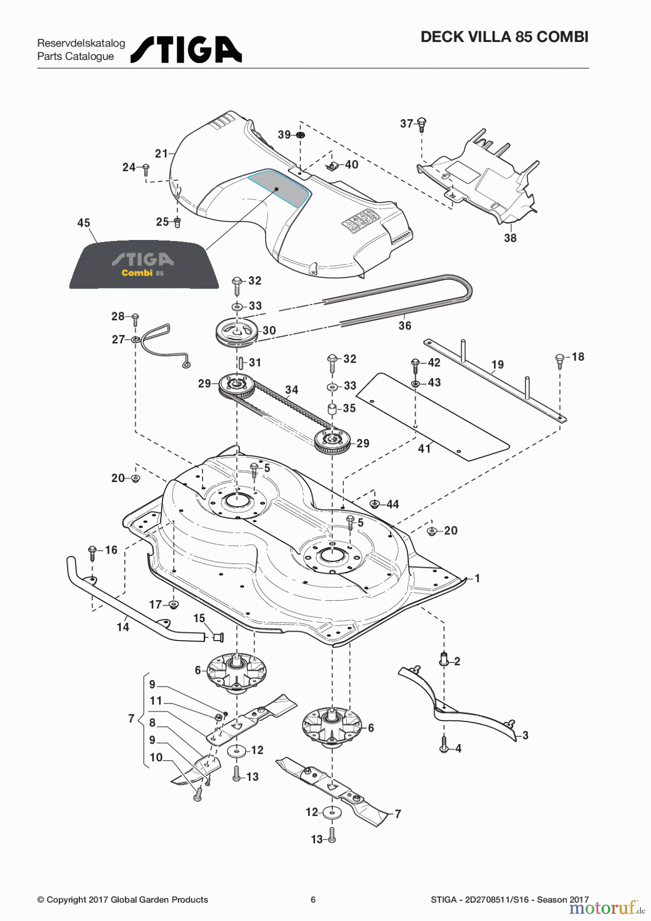 Stiga Frontmäher Mähdecks Baujahr 2017 Deck Villa 85 Combi 2D2708511/S16 - Season 2017 Transmission and Blades