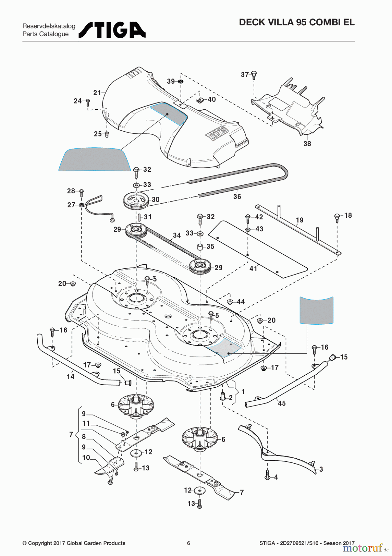 Stiga Frontmäher Mähdecks Baujahr 2017 Deck Villa 95 Combi EL 2D2709521/S16 - Season 2017 Transmission and Blades
