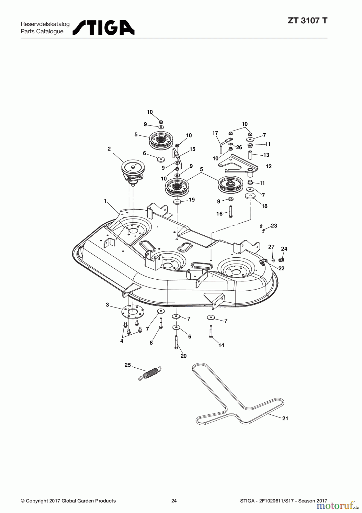  Stiga Frontmäher Baujahr 2017 Zero Turn Mowers 2017 ZT 3107 T 2F1020611/S17 - Season 2017 Mower Deck, Belt and Idlers