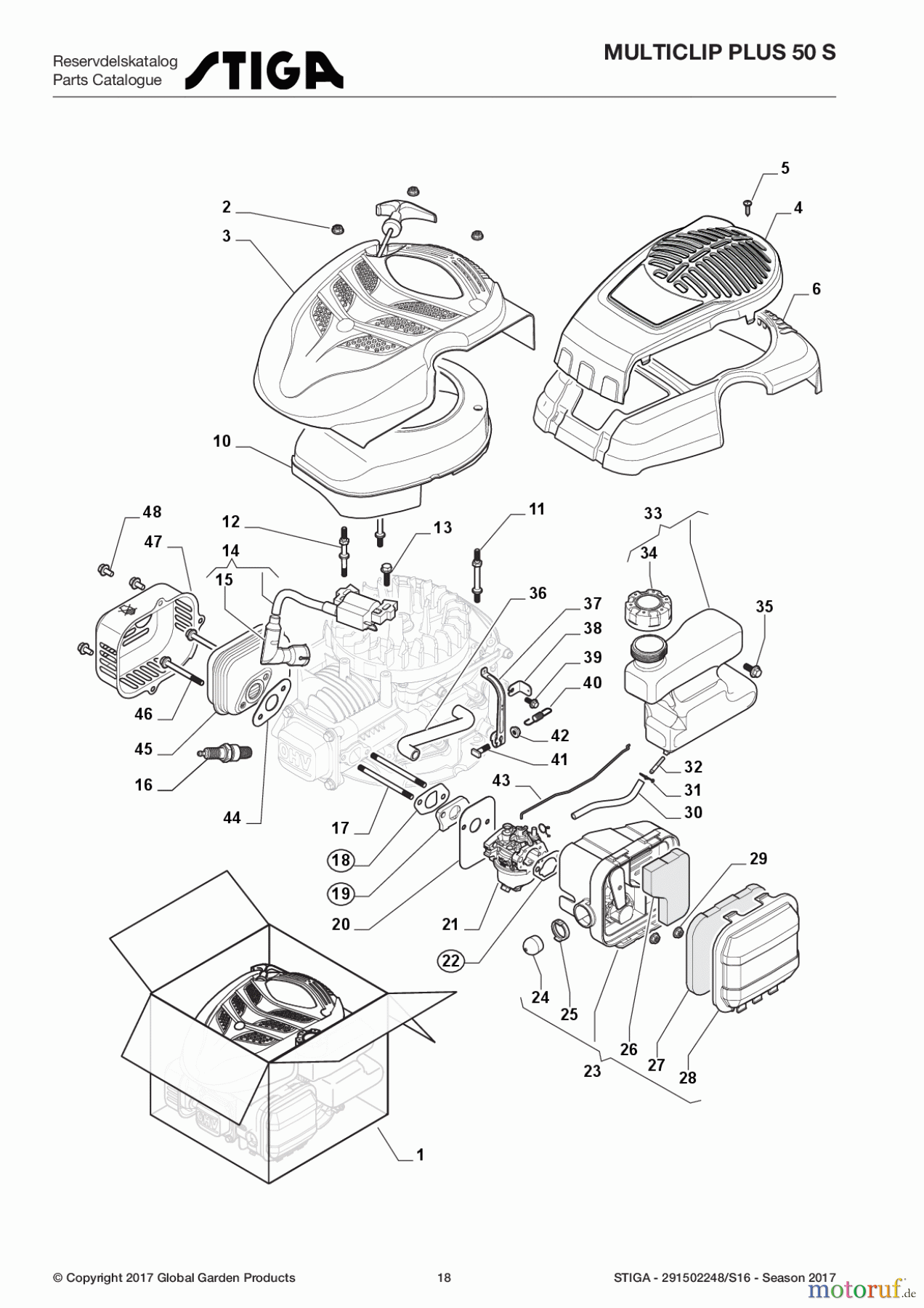  Stiga Rasenmäher Baujahr 2017 Benzin Mit Antrieb 2017 MULTICLIP PLUS 50 S 291502248/S16 - Season 2017 Engine - Carburettor, Tank