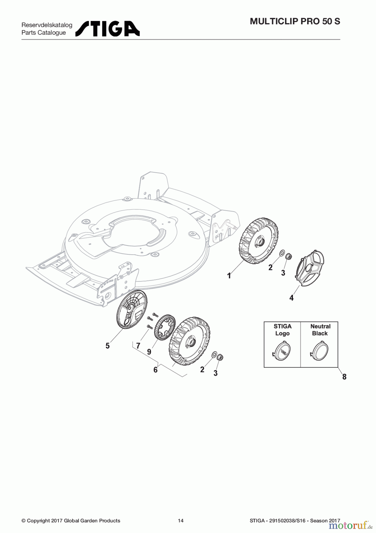 Stiga Rasenmäher Baujahr 2017 Benzin Mit Antrieb 2017 MULTICLIP PRO 50 S 291502038/S16 - Season 2017 Wheel and Hub Cap
