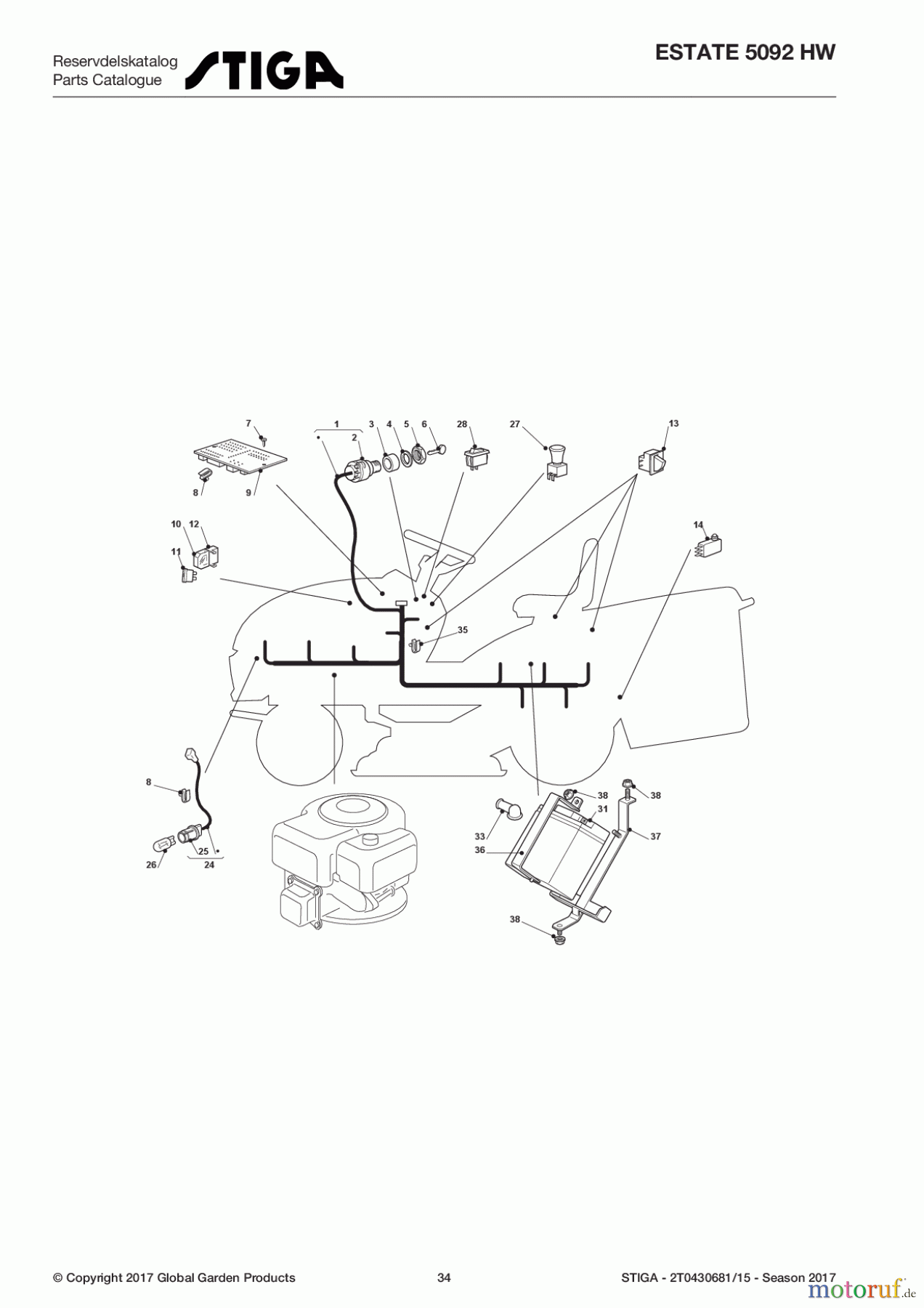  Stiga Aufsitzmäher Baujahr 2017 ESTATE 5092 HW 2T0430681/15 - Season 2017 Electrical Parts