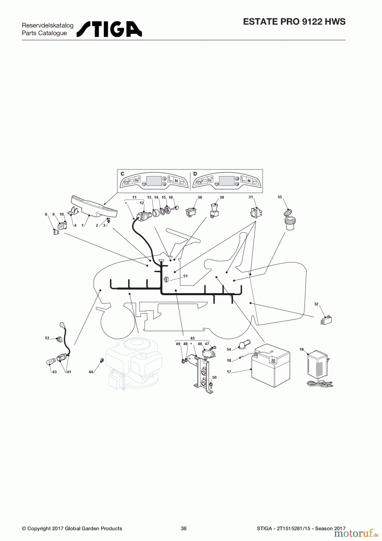 Stiga Aufsitzmäher Baujahr 2017 ESTATE PRO 9122 HWS 2T1515281/15 - Season 2017 Electrical Parts