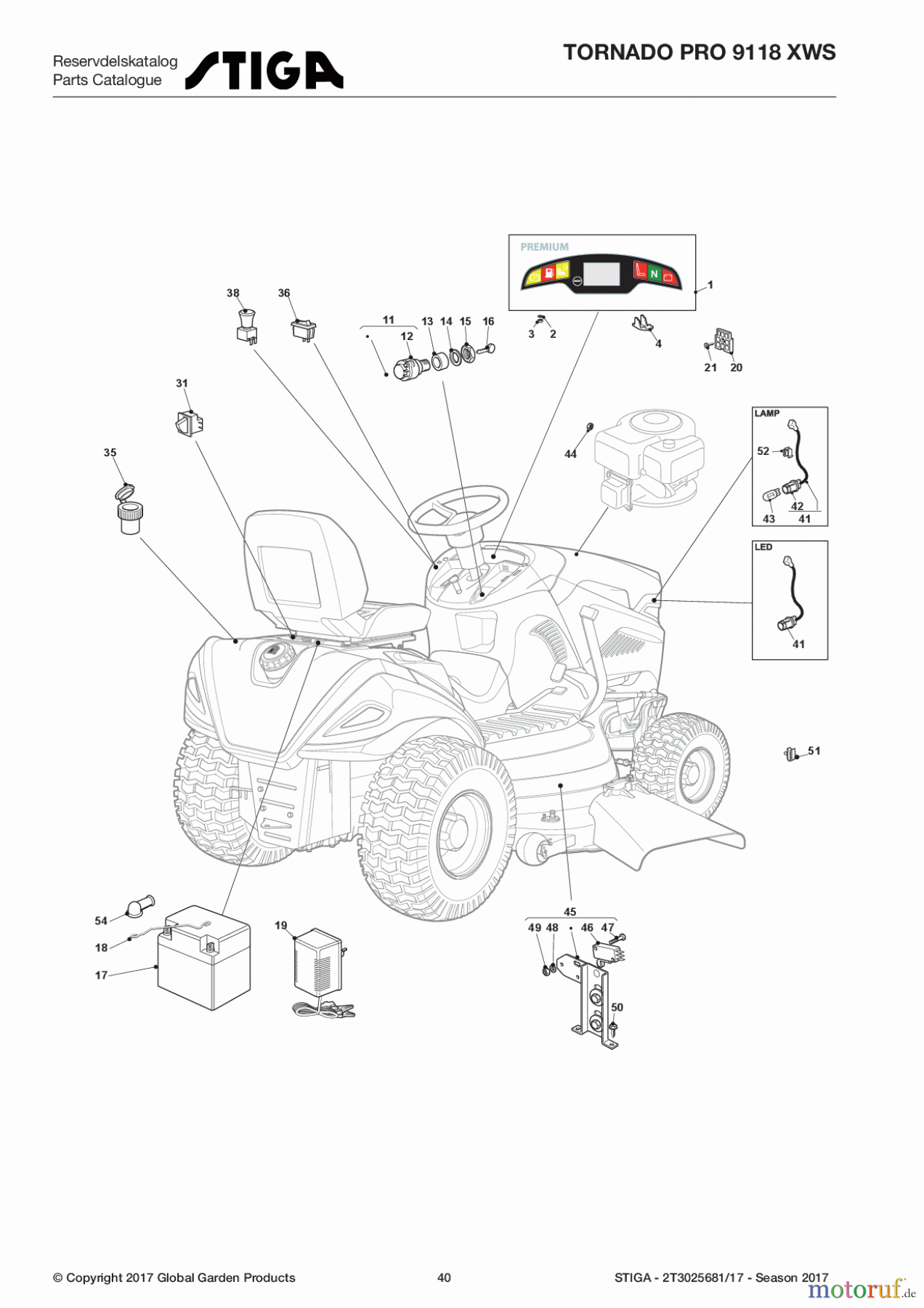 Stiga Aufsitzmäher Baujahr 2017 TORNADO PRO 9118 XWS 2T3025681/17 - Season 2017 Electrical Parts