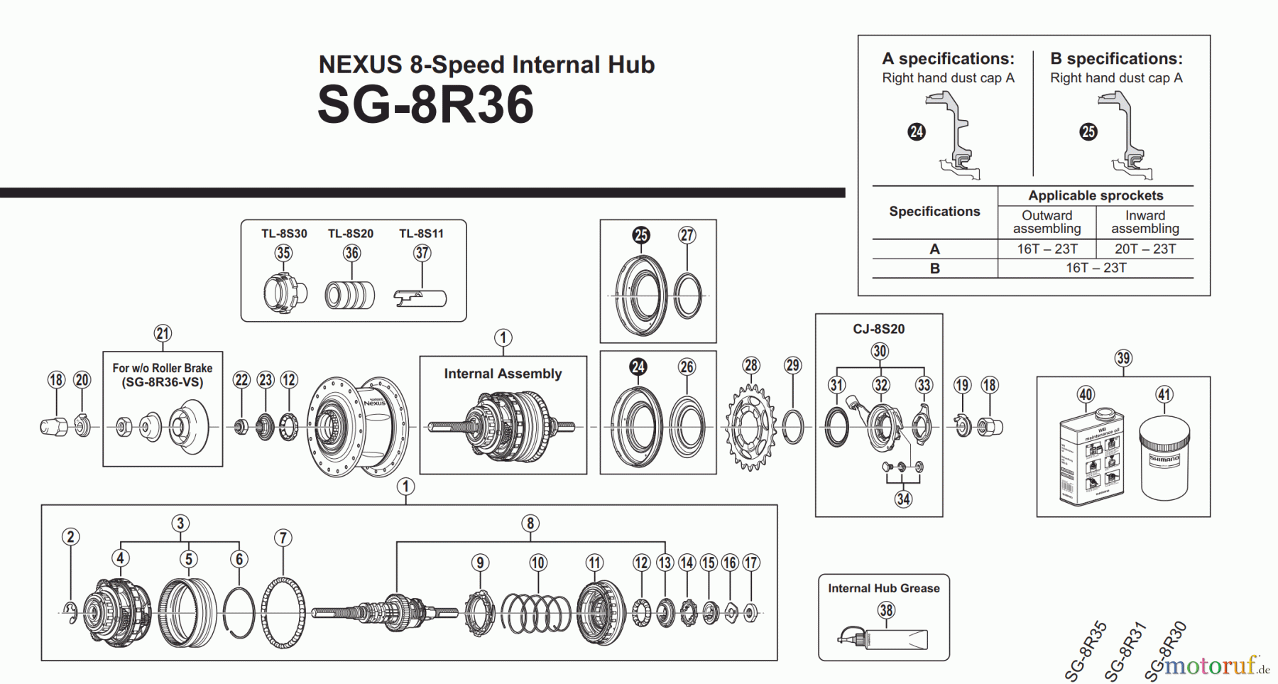 Shimano SG Getriebenabe /Nabenschaltung SG-8R36 NEXUS 8-Speed Internal Hub