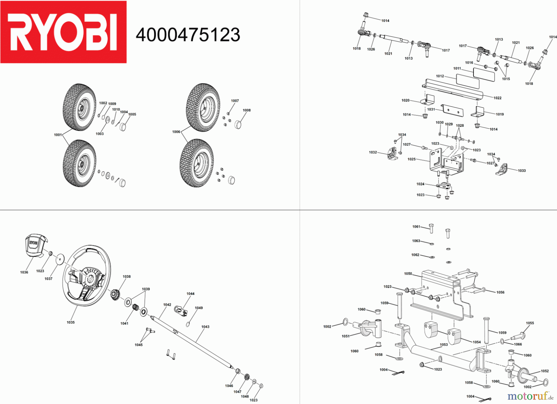 Ryobi Rasenmäher Aufsitzrasenmäher Akku RM480E Lenkung, Räder, Achsem