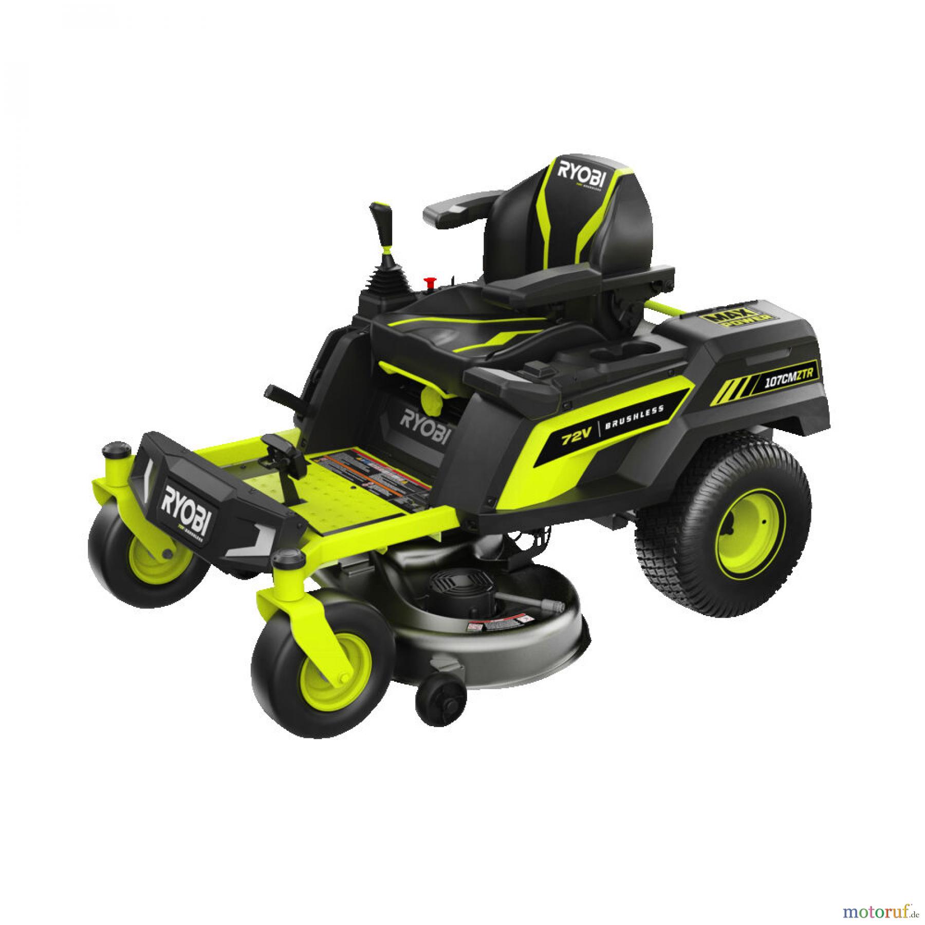 Ryobi Rasenmäher Aufsitzrasenmäher Akku RY72ZTRX107-210 72 V Brushless Akku-Nullwendekreismäher, Schnittbreite 107 cm