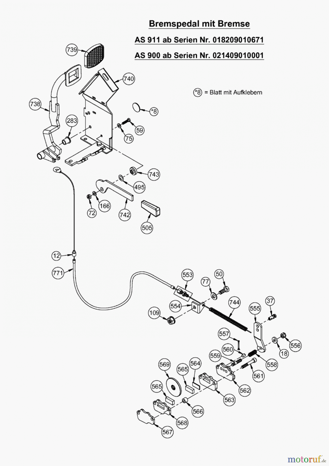 AS-Motor (neu) Hochgras Aufsitzmäher AS 911, AS 915 Enduro ab FNr. 018209060001 Bremspedal mit Bremse