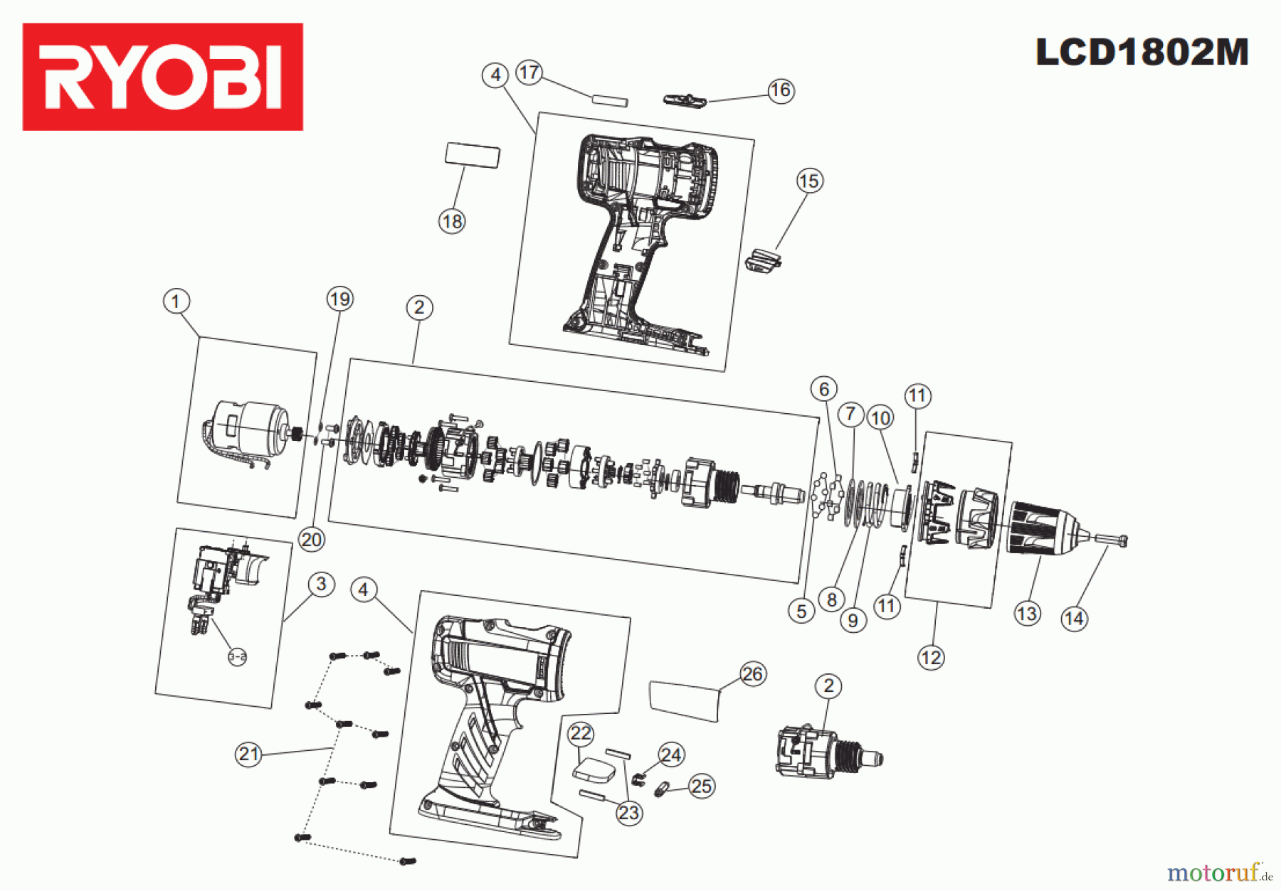Ryobi (Schlag-)Bohrschrauber Bohrschrauber LCD1802M Seite 1