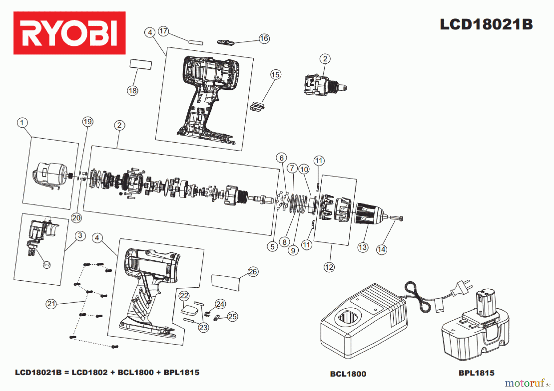 Ryobi (Schlag-)Bohrschrauber Bohrschrauber LCD18021B Seite 1