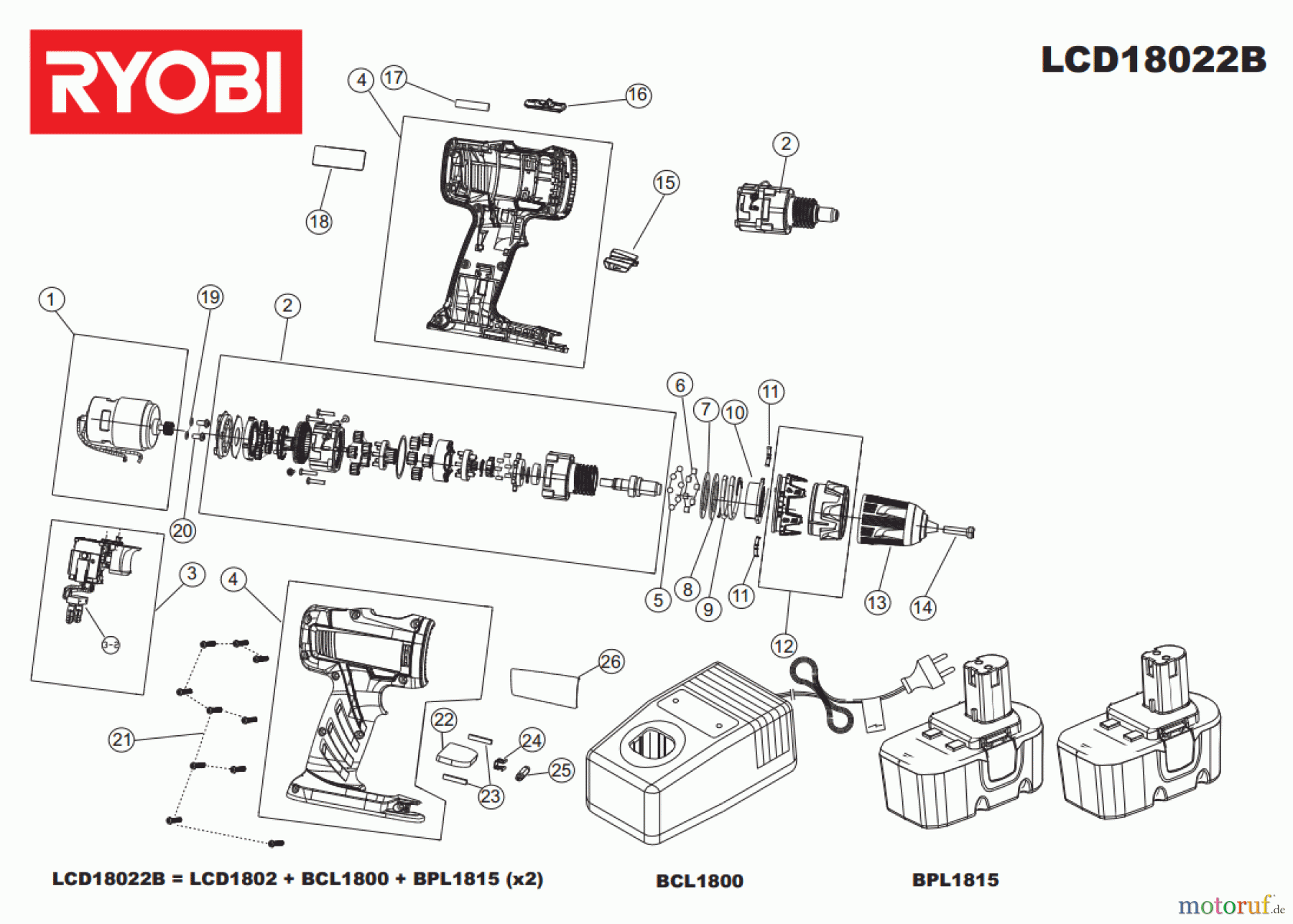 Ryobi (Schlag-)Bohrschrauber Bohrschrauber LCD18022B Seite 1