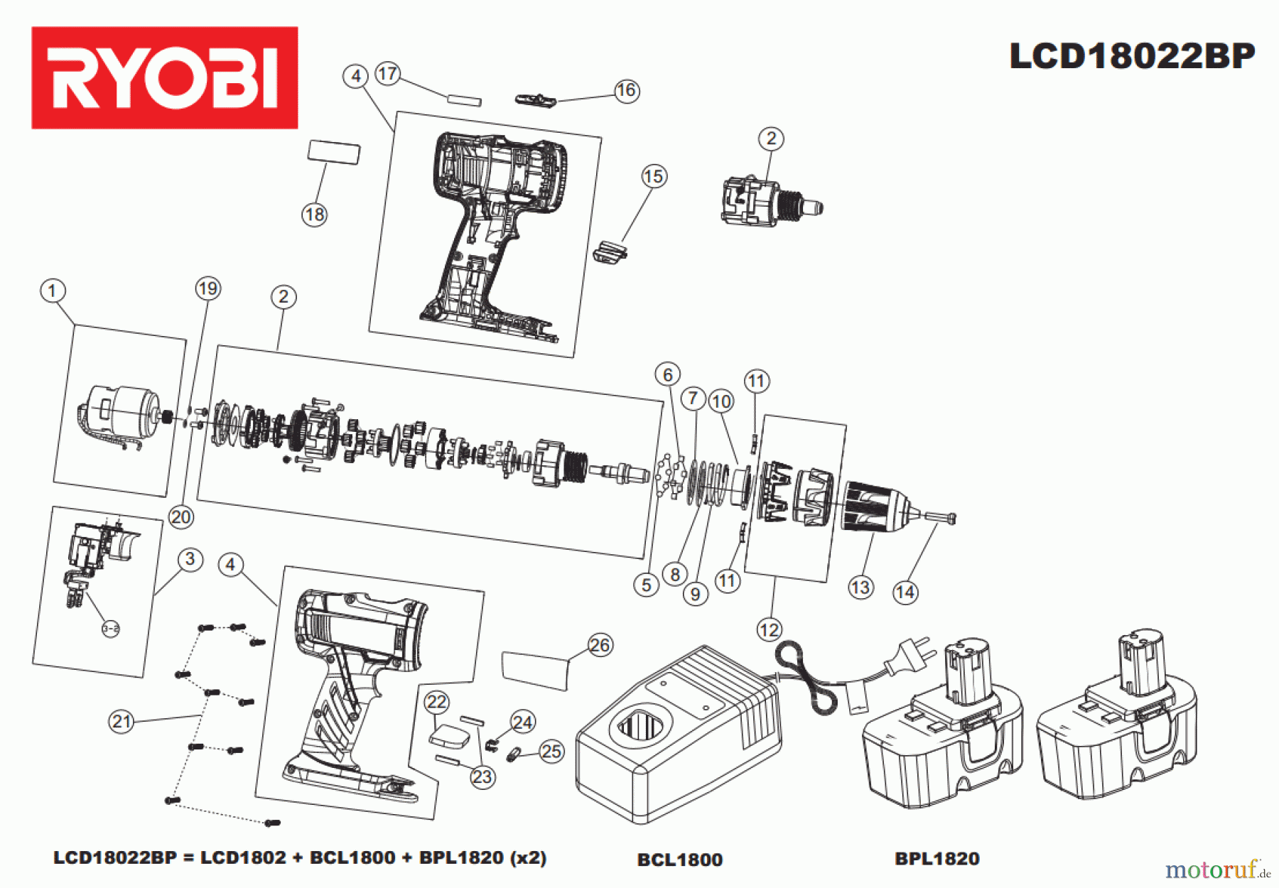 Ryobi (Schlag-)Bohrschrauber Bohrschrauber LCD18022BP Seite 1