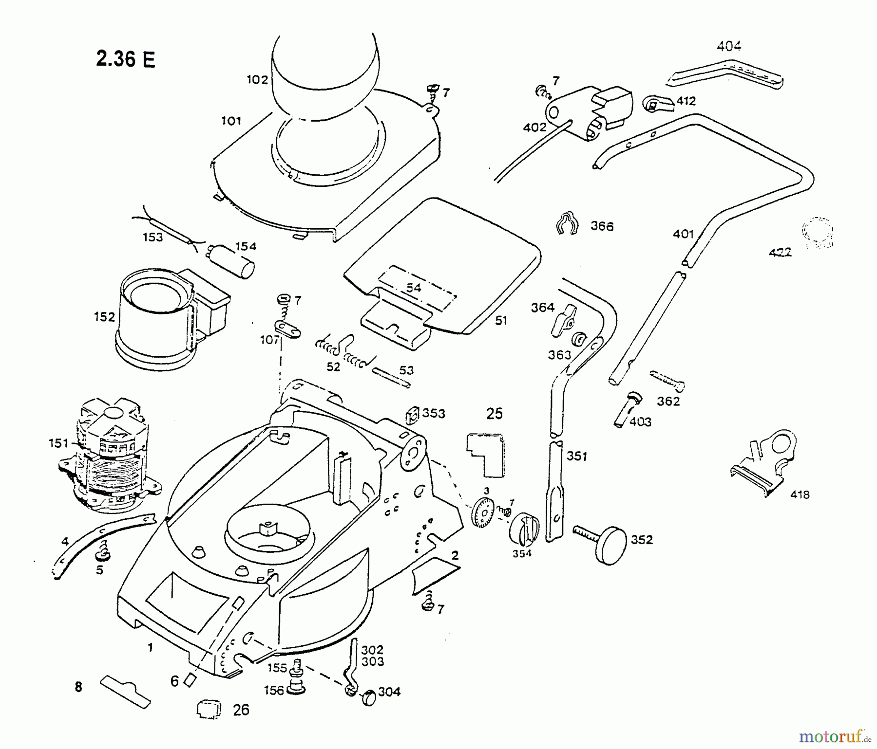 Wolf-Garten Elektromäher 2.36 E 4906003 Serie C (1996) Elektromotor, Heckklappe, Holm