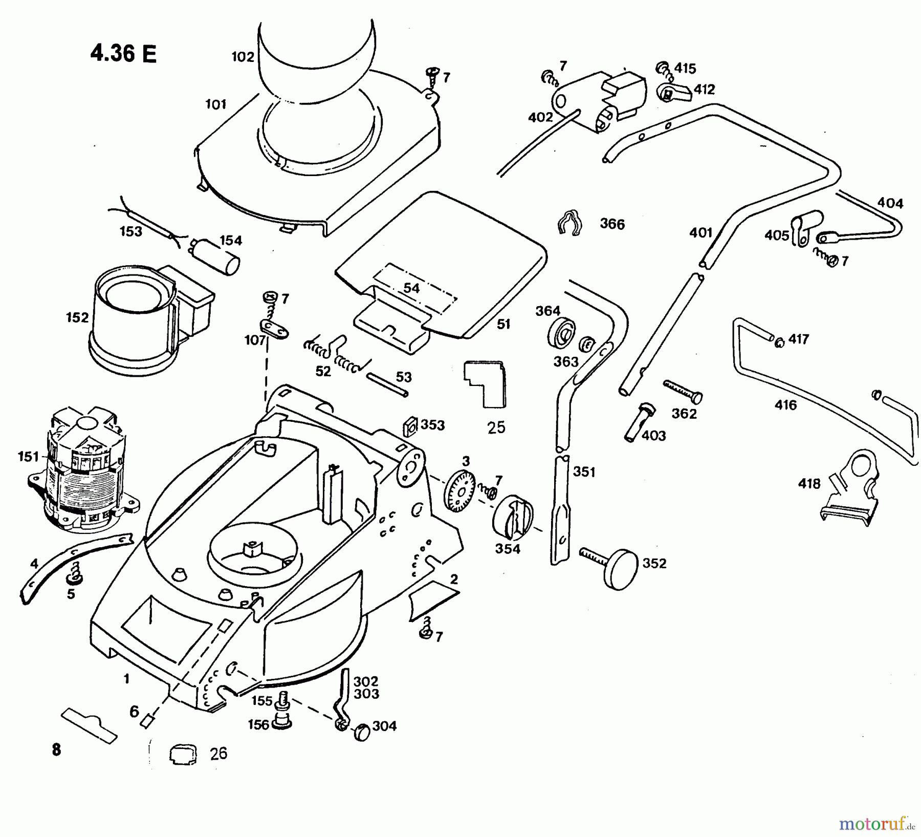 Wolf-Garten Elektromäher 4.36 E 4916001 Serie D  (1996) Elektromotor, Heckklappe, Holm