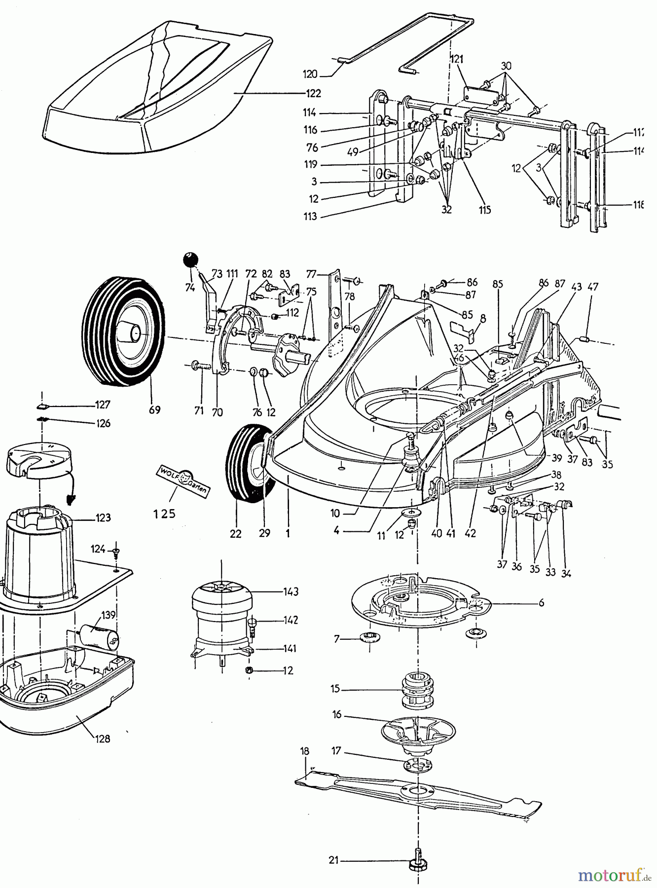 Wolf-Garten Elektromäher 4.46 E 6901000 Serie A (1996) Elektromotor, Messer, Räder