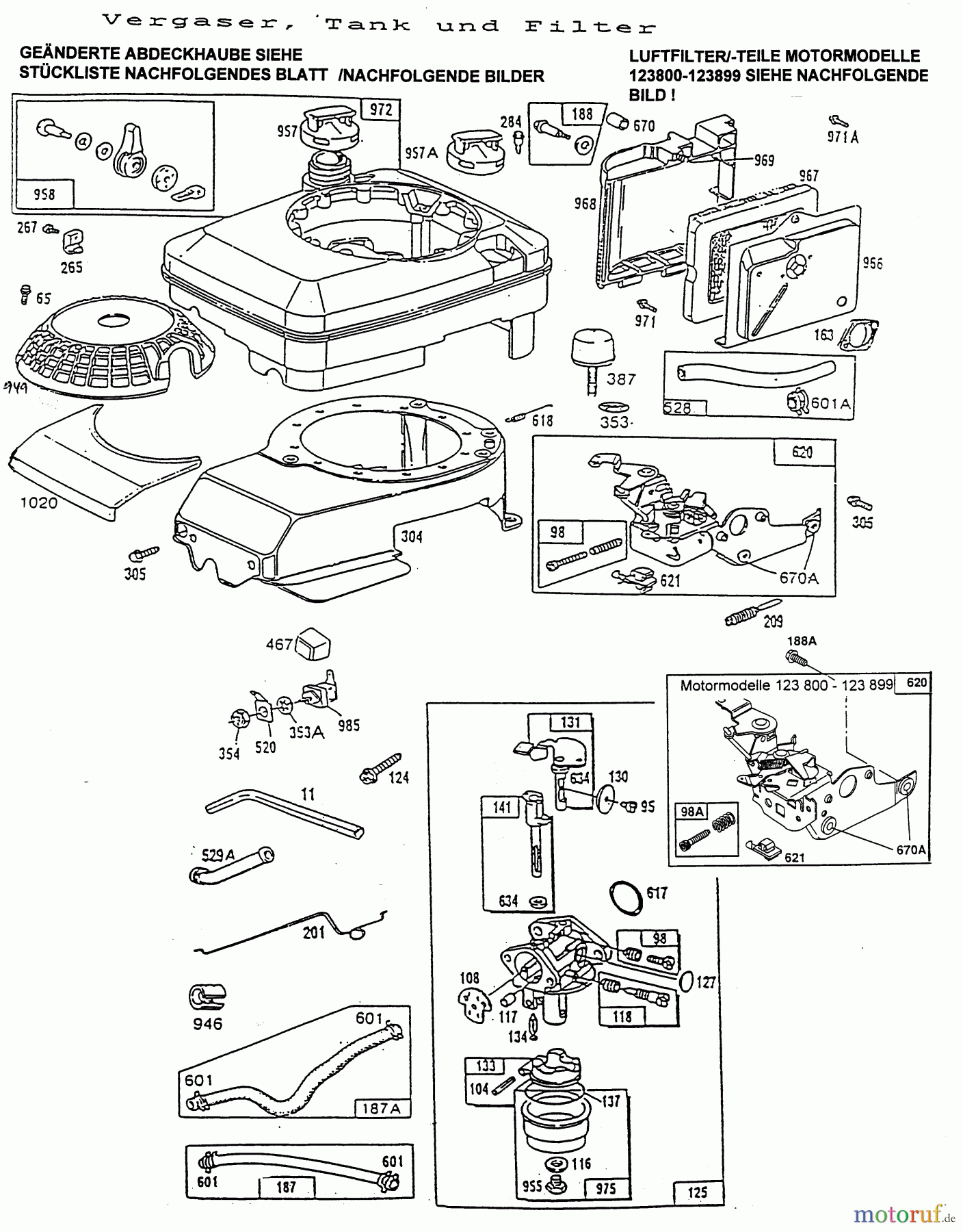 Wolf-Garten Benzinmotoren Briggs&Stratton Quantum XE,XTE,XTL 35/40/45/50-I/C-ES 2069050 (1996) Luftfilter, Tank, Vergaser