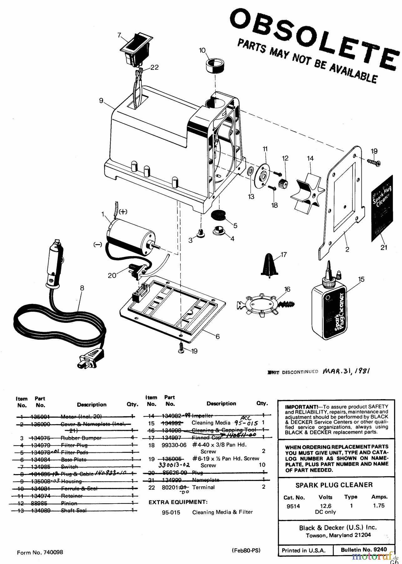 BLACK+DECKER Divers 12V. SPARK PLUG CLN 9514 Seite 1