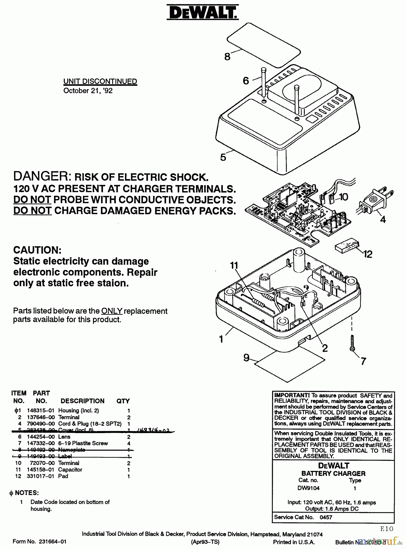 DEWALT Divers BATTERIE-LADEGERÄT DW9104 Seite 1