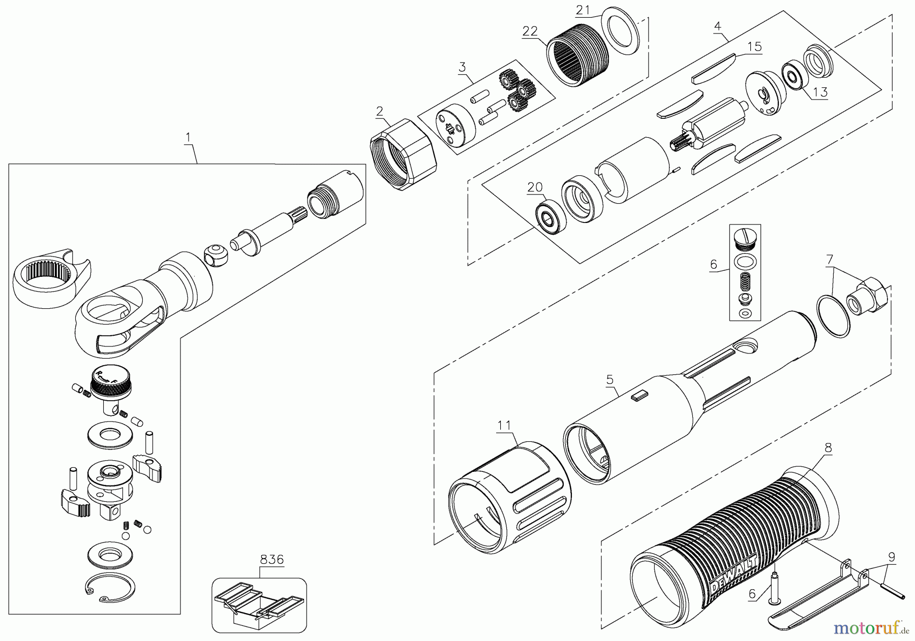 DEWALT Luft SCHRAUBENSCHLÜSSEL/KNARREN DW 3/8 DRUCKLUFT-RATSCHE DWMT70776L Seite 1