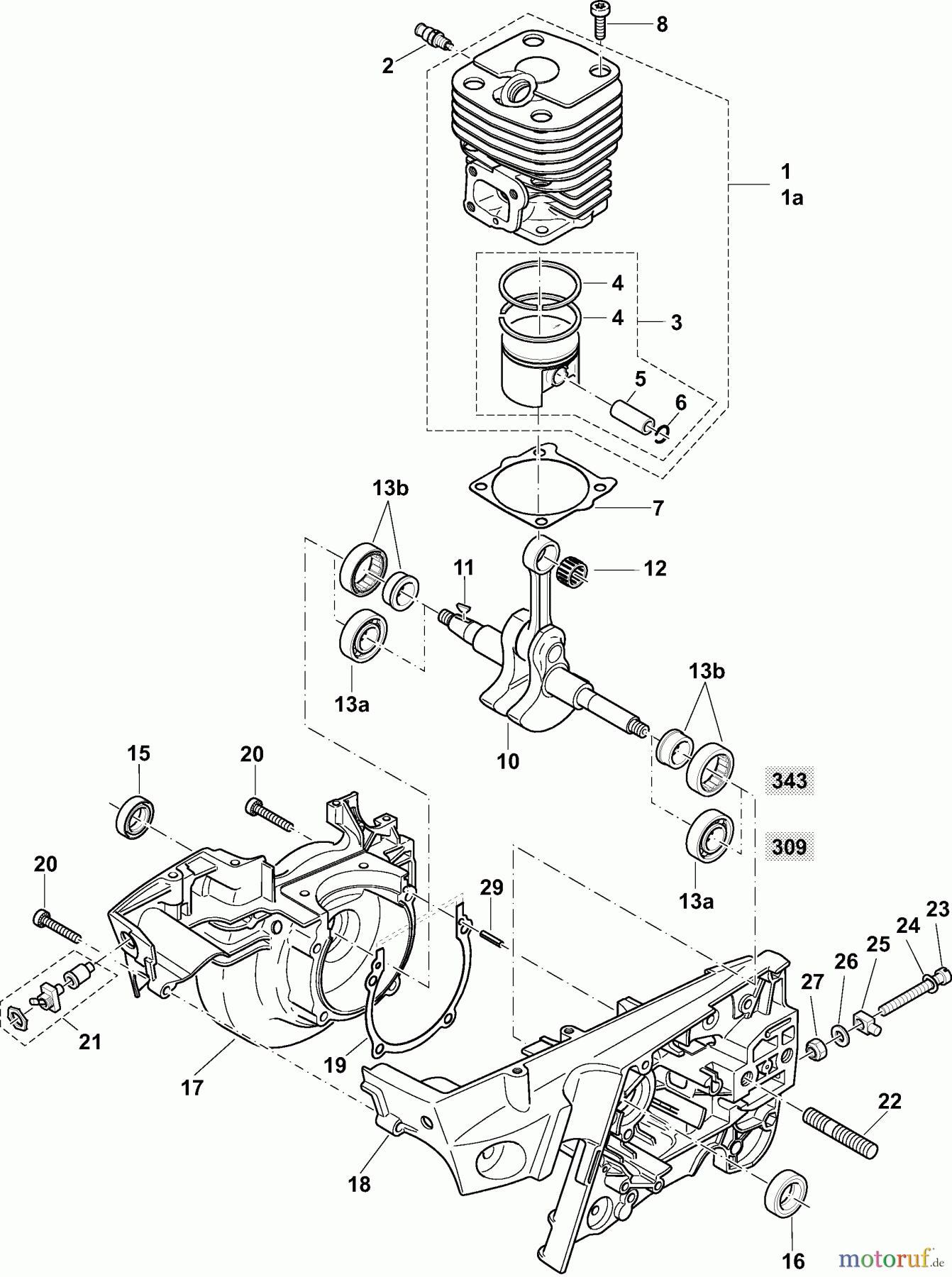 Dolmar Trennschleifer Benzin 343 2 Zylinder, Kolben, Kurbeltrieb, Kurbelgehäuse