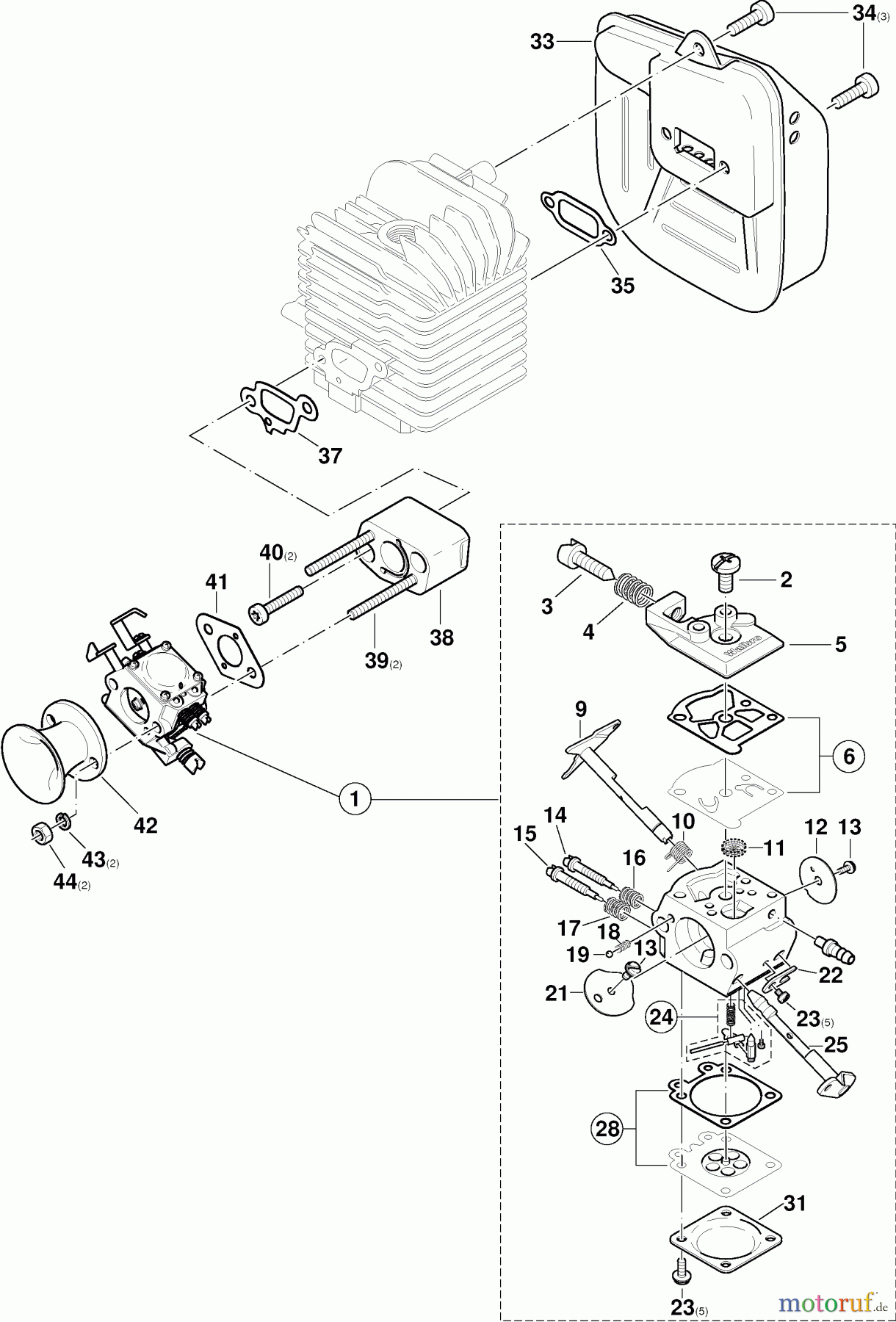 Dolmar Diverses Flugmotoren FM-45 3 Schalldämpfer, Zwischenflansch, Vergaser, Ansaugtrichter