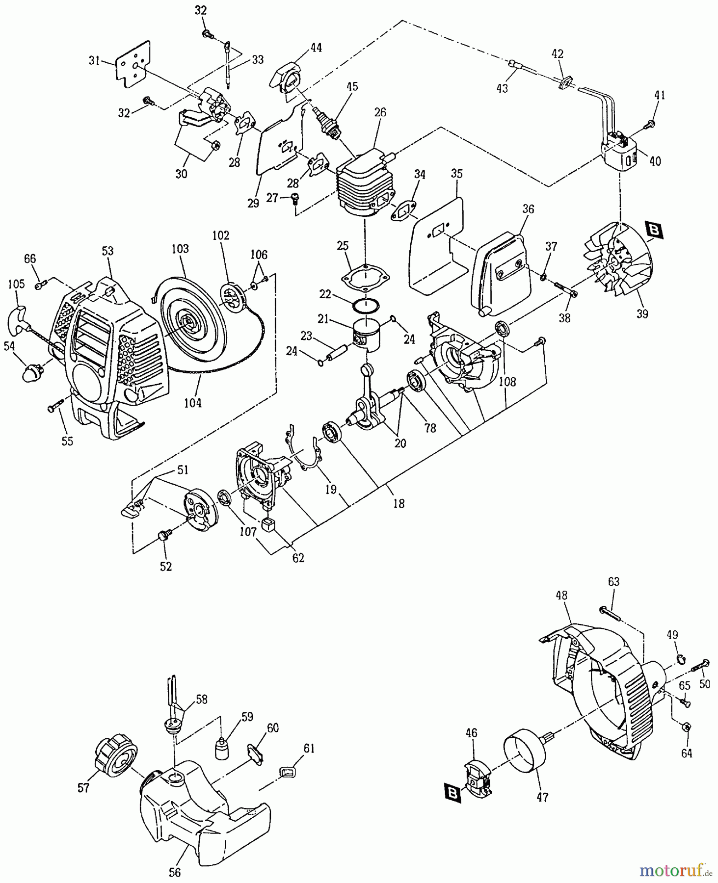 Dolmar Motorsensen & Trimmer Benzin 2-Takt LT-250 (USA) 5 Motor, Anwerfvorrichtung, Kupplung, Kraftstofftank, Schalldämpfer