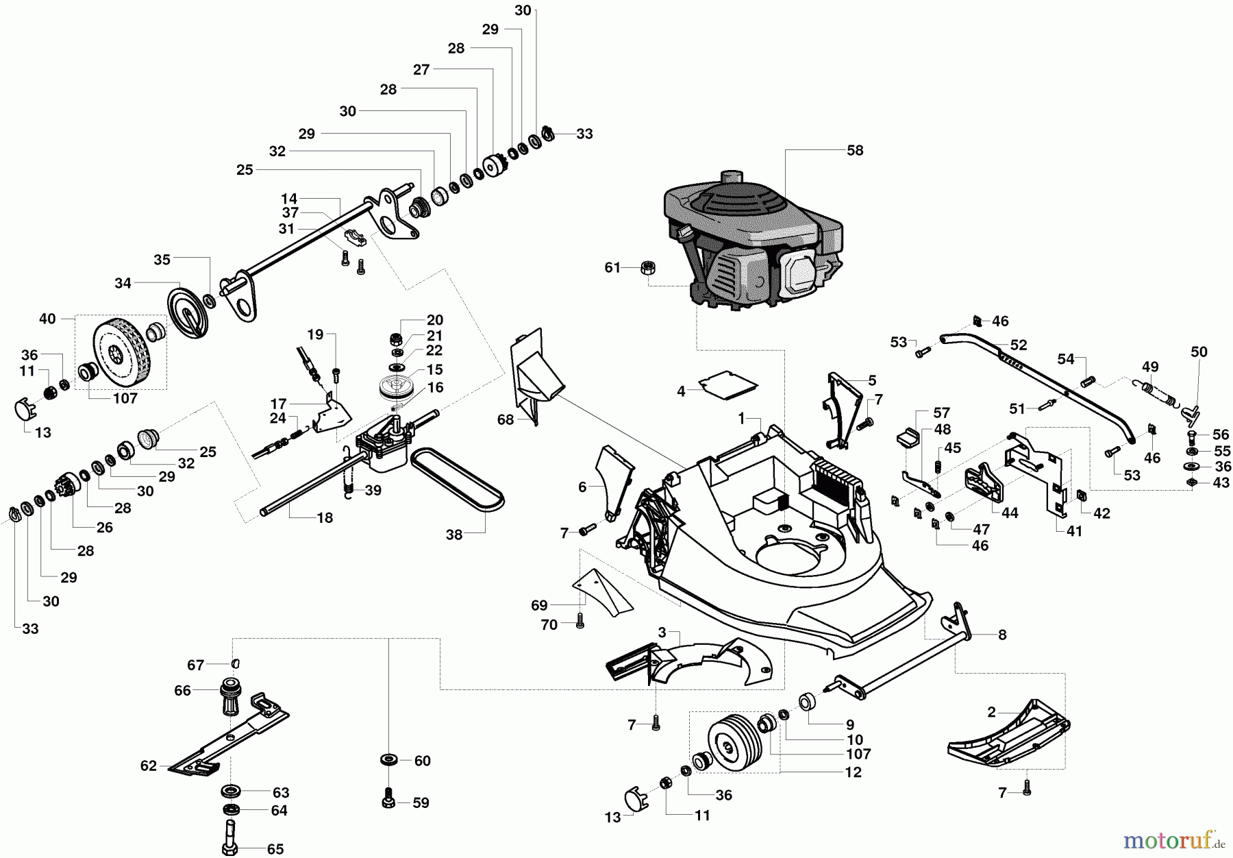 Dolmar Rasenmäher Benzin PM-4640 HSM PM-4640 HSM (2001) 6 Gehäuse, Räder, Fahrwerksverstellung, Antrieb, Messer