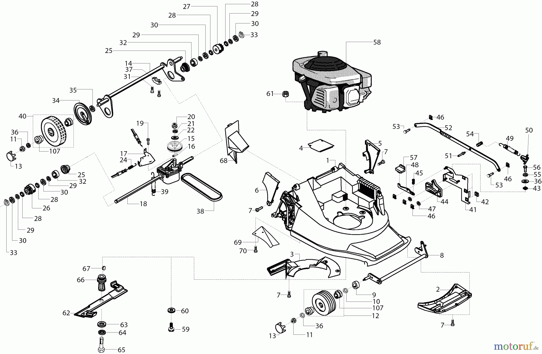 Dolmar Rasenmäher Benzin PM-4640 HSM PM-4640 HSM (2003) 6 Gehäuse, Räder, Fahrwerksverstellung, Antrieb, Messer