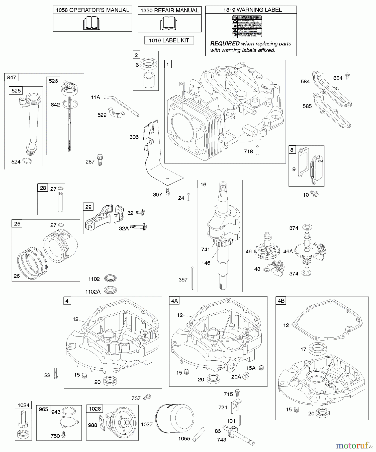 Viking Motoren B & S 12. . . 121602-0327-E1 D - Nockenwelle, Kurbelwelle, Zylinder, Motors