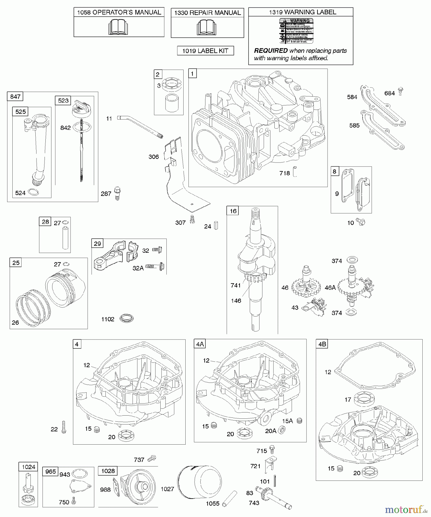 Viking Motoren B & S 12. . . 122602-0194-E1 C - Nockenwelle, Kurbelwelle, Zylinder, Motors