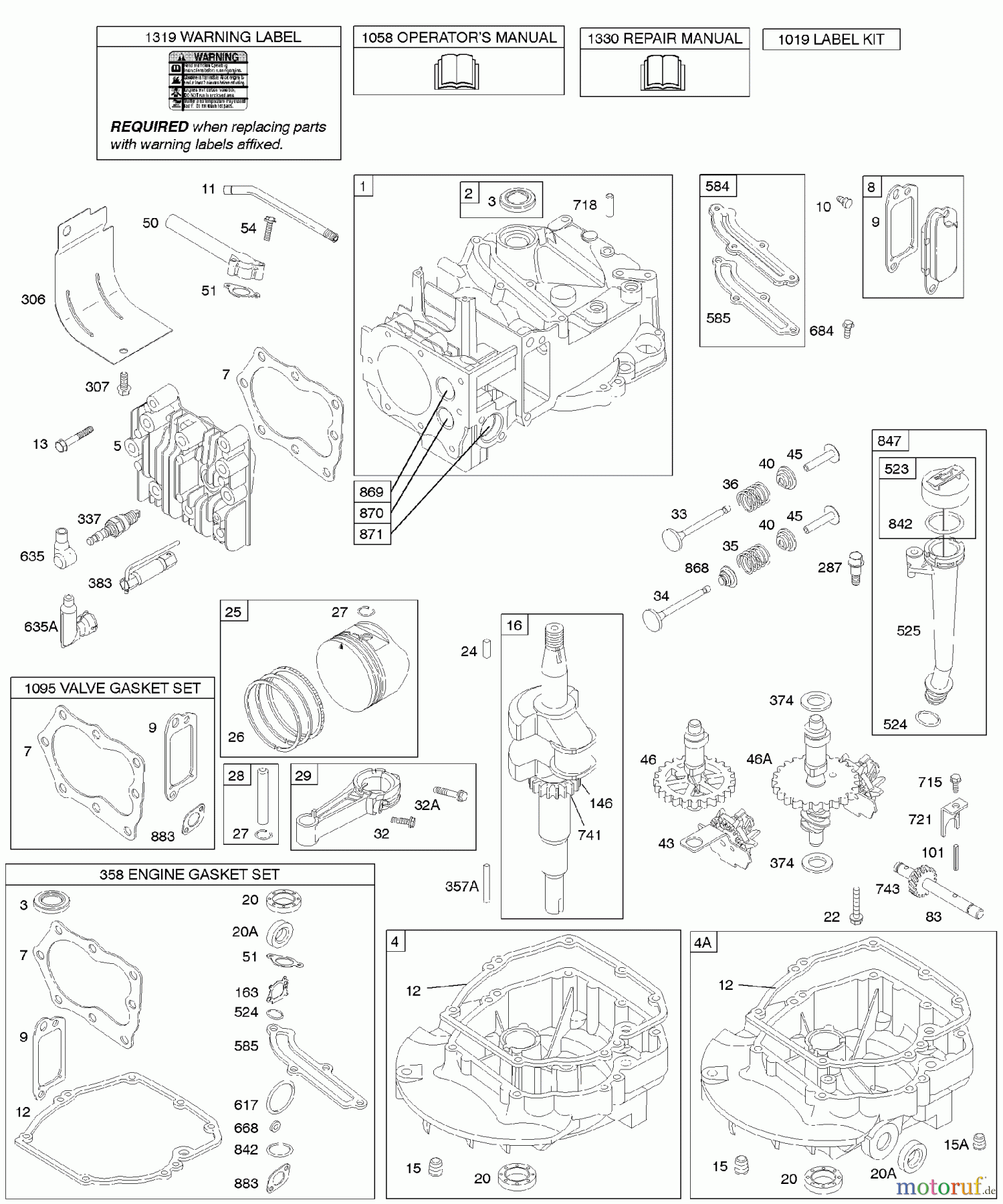 Viking Motoren B & S 12. . . 122H82-0125-01 D - Nockenwelle, Kurbelwelle, Zylinder, Motors