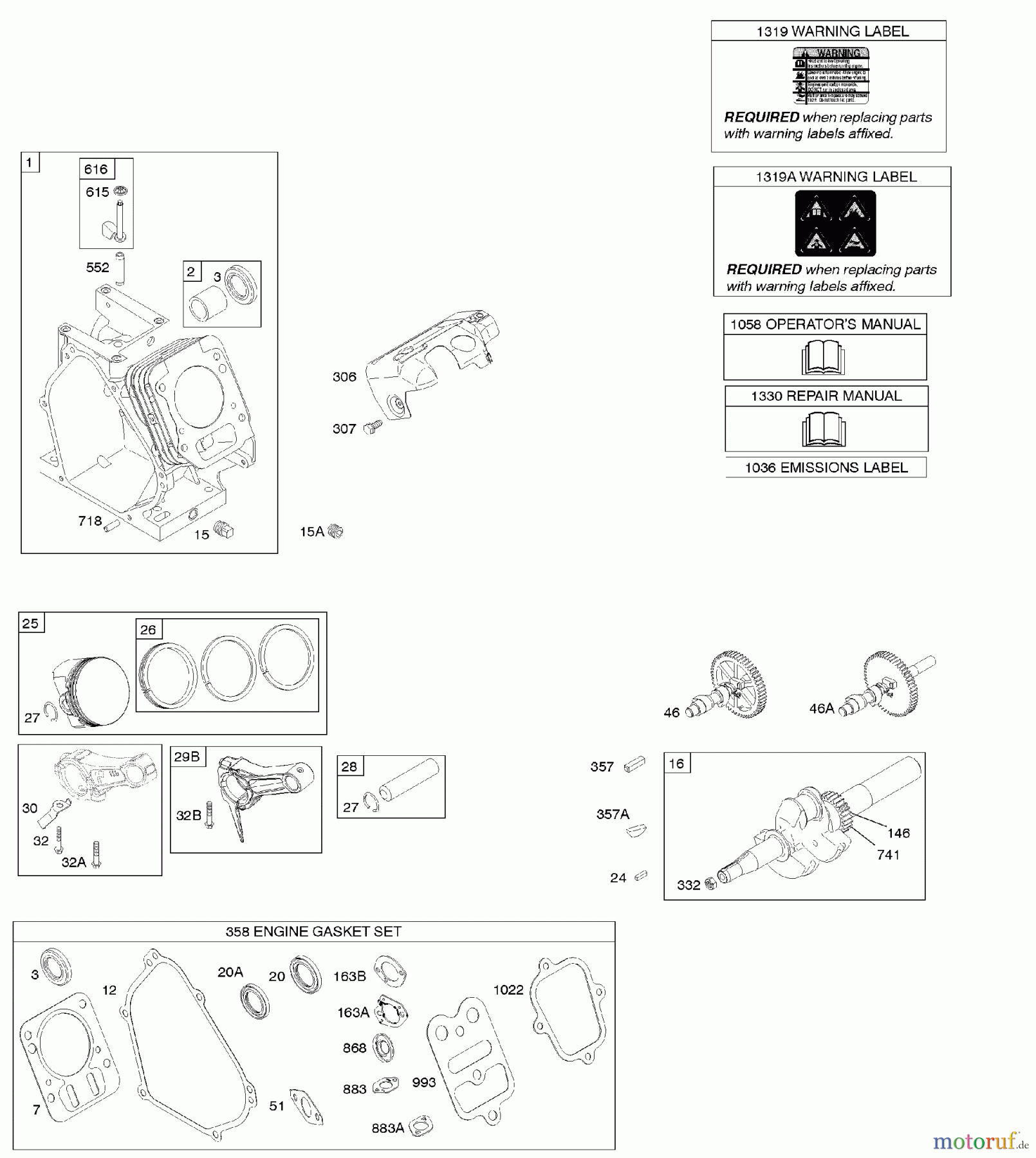 Viking Motoren B & S 12. . . 126392-0274-E8 C - Nockenwelle, Kurbelwelle, Zylinder, Kolben