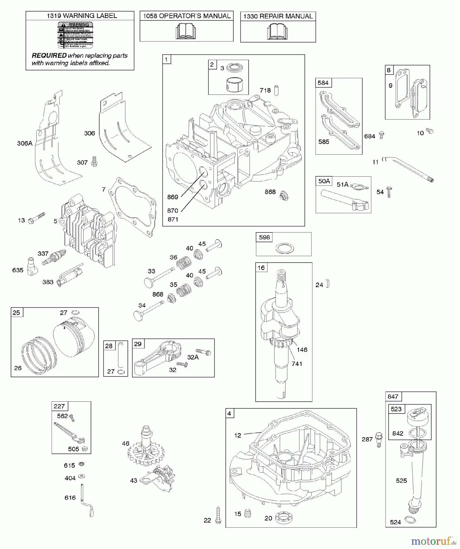 Viking Motoren B & S 12. . . 126T02-0282-B1 D - Nockenwelle, Kurbelwelle, Zylinder, Motors
