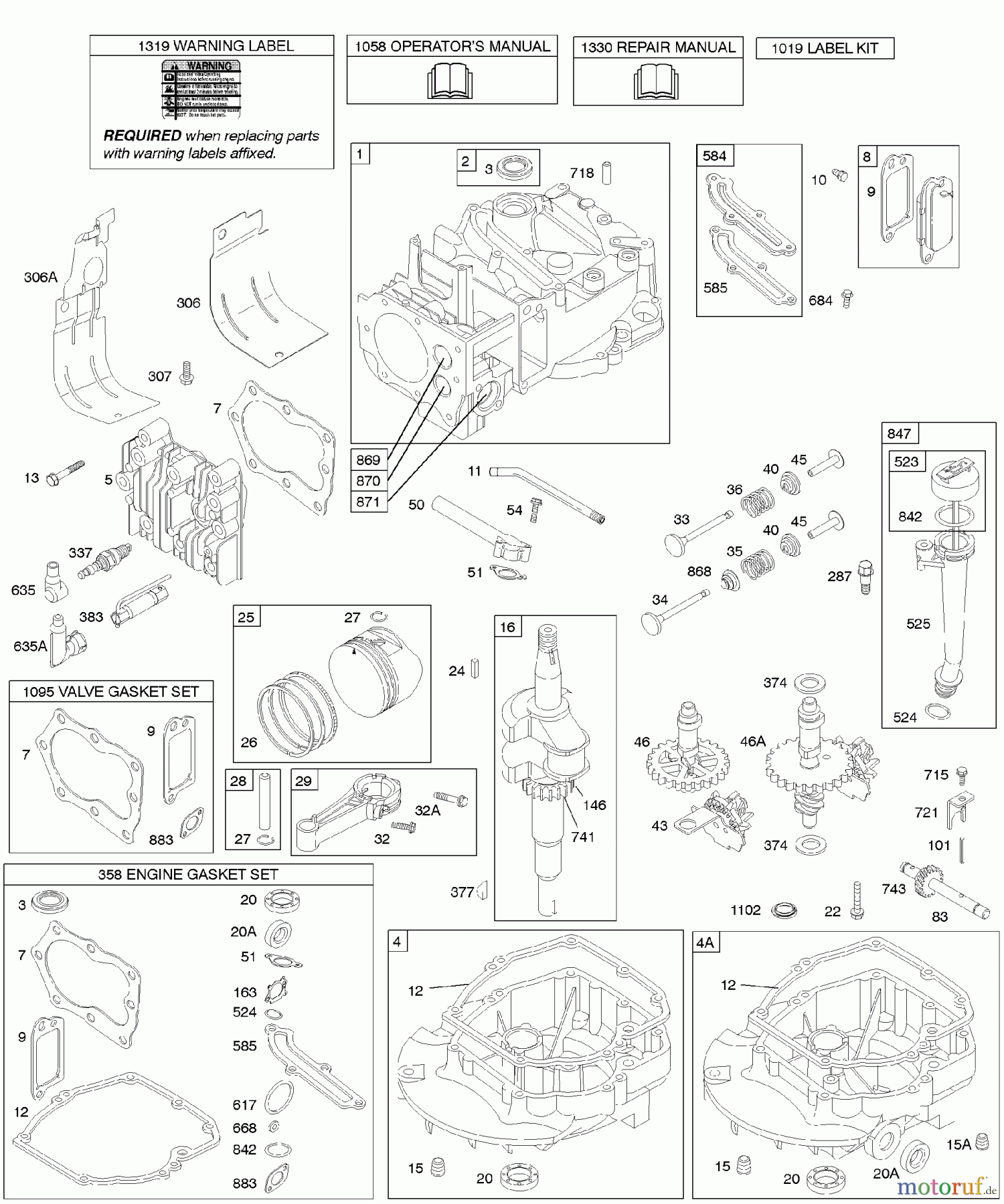 Viking Motoren B & S 12. . . 12F802-1376-01 D - Nocken, Kurbelwelle, Zylinder, Motorsumpf,