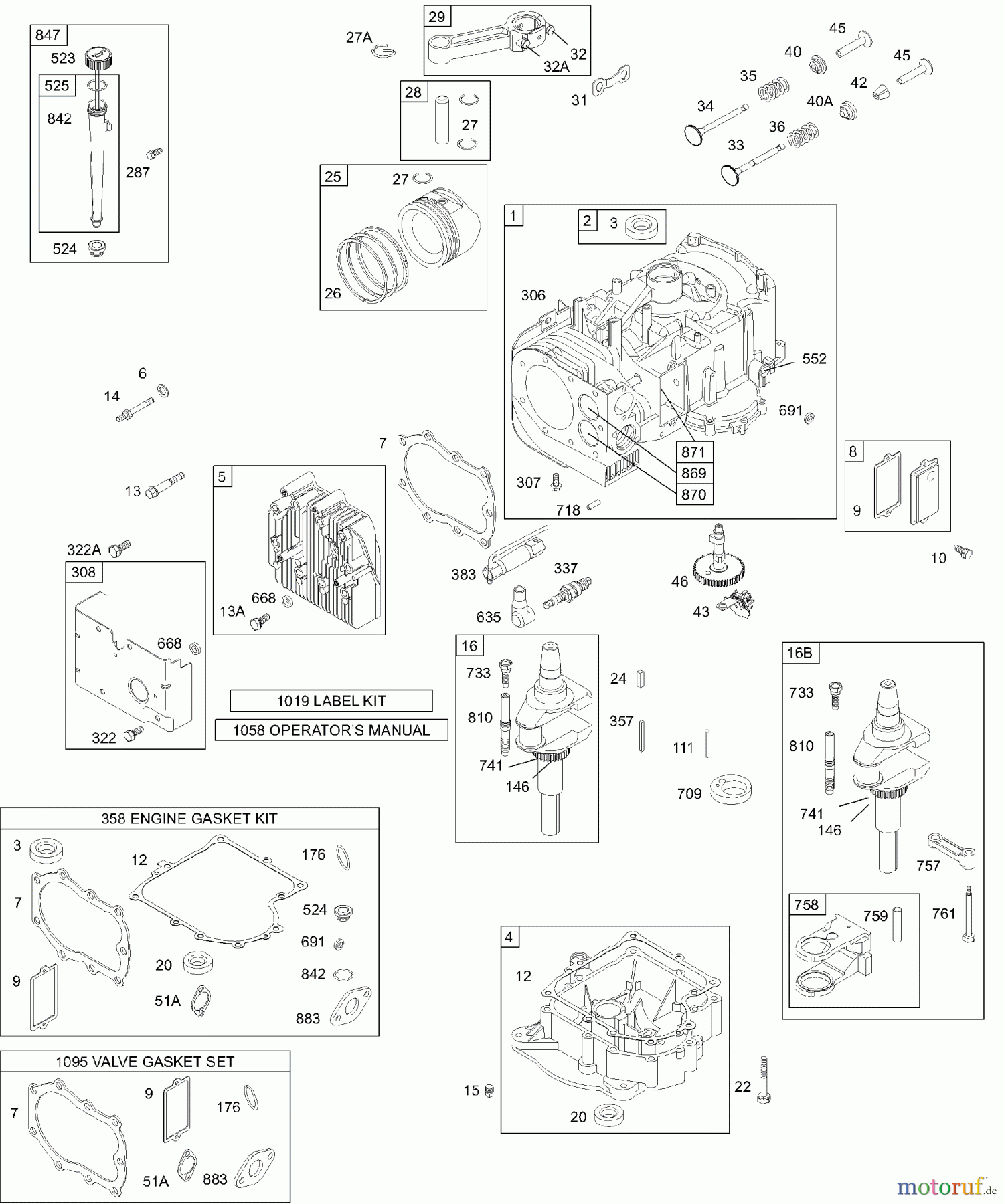 Viking Motoren B & S 28. . . 28M707-1194-E1 F - Zylinder, Zylinderkopf, Öl, Kolben, Sumpf,