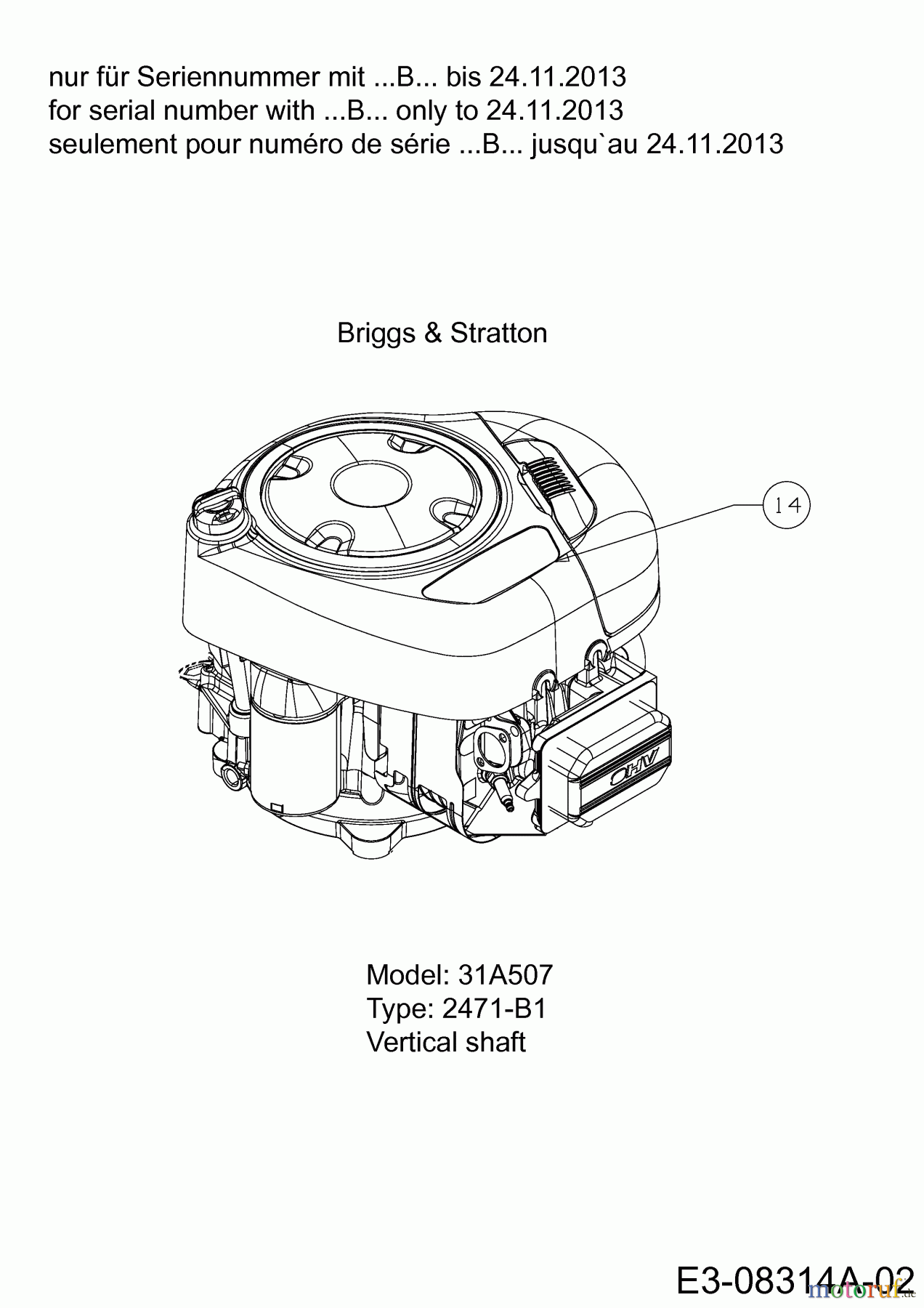  MTD Rasentraktoren Smart RG 145 13CM765G600  (2014) Motor nur für Seriennummer mit B bis 24.11.2013