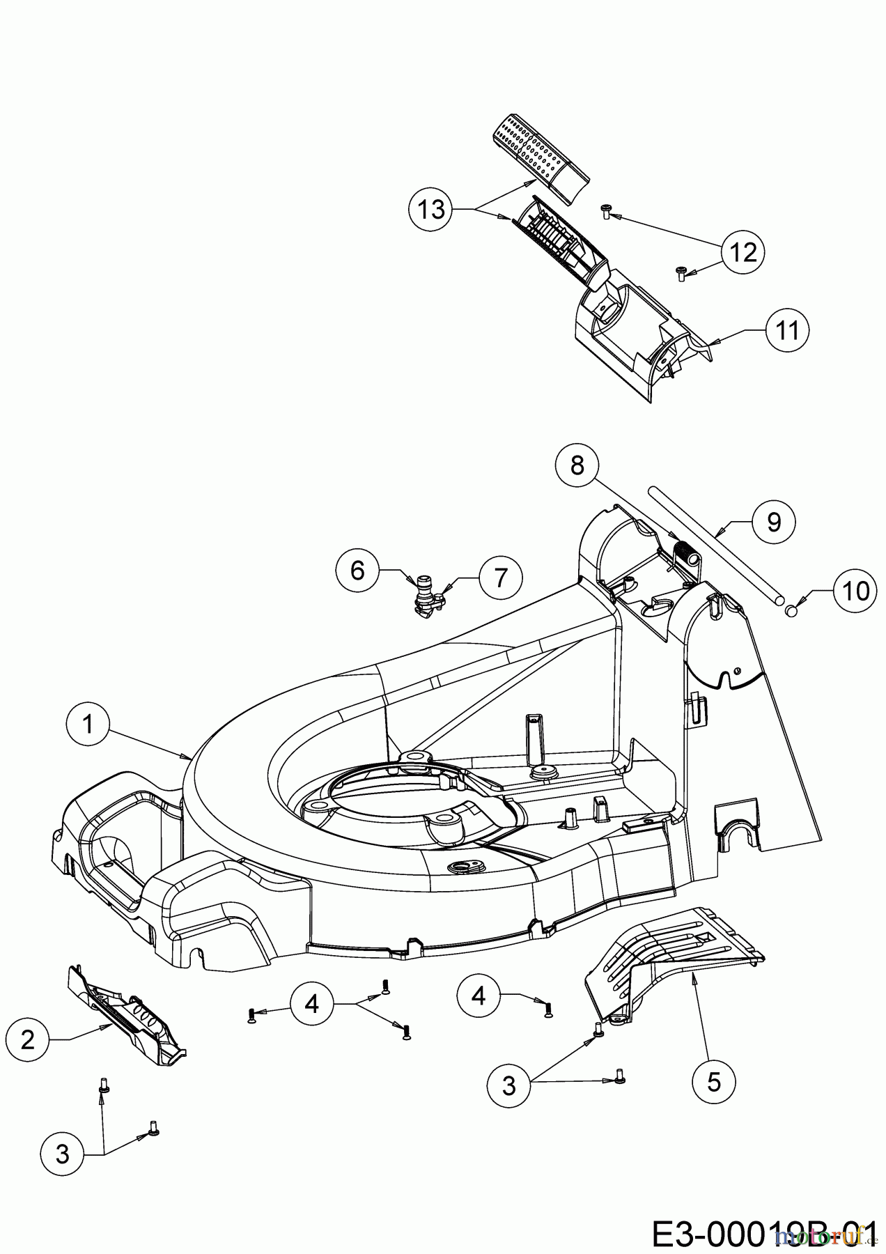 Cub Cadet Motormäher mit Antrieb XM3 ER53 12AQZBK2603 (2019) Leitstück hinten, Mähwerksgehäuse, Stange für Heckklappe, Seitenverkleidungen