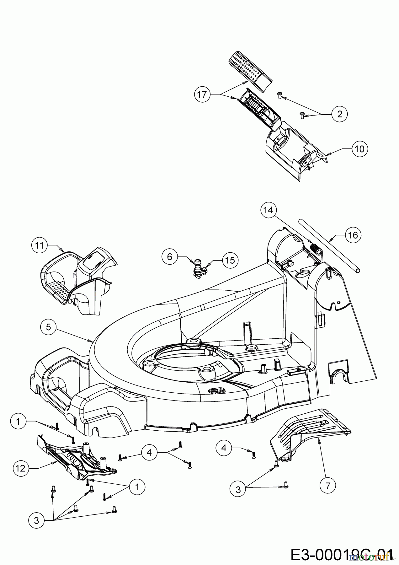 Cub Cadet Motormäher mit Antrieb XM1 ER53 12A-ZAJ4603 (2019) Leitstück hinten, Mähwerksgehäuse, Stange für Heckklappe, Seitenverkleidungen