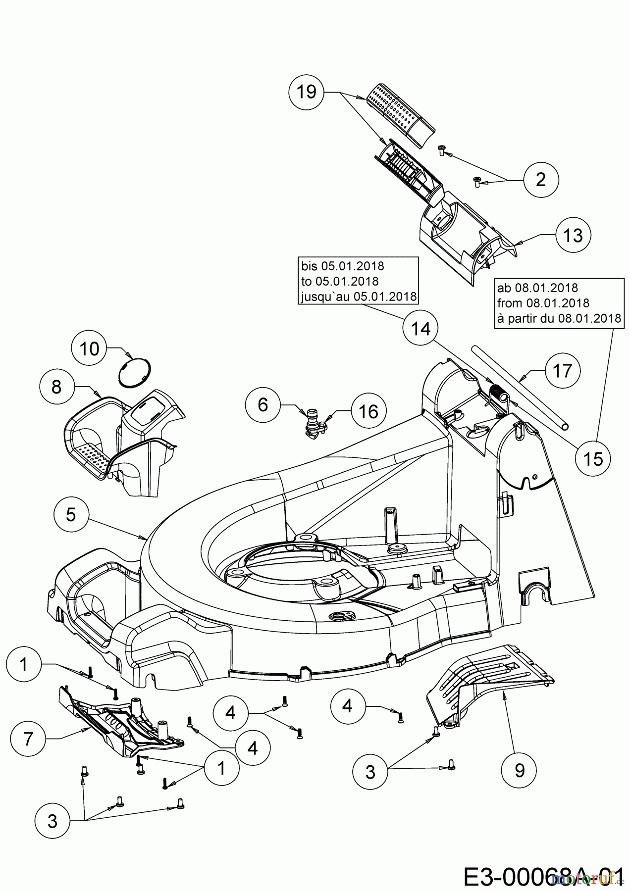 Wolf-Garten Motormäher mit Antrieb Expert 46 W ES SP 12ACYAS7650 (2018) Leitstück hinten, Mähwerksgehäuse, Stange für Heckklappe, Seitenverkleidungen