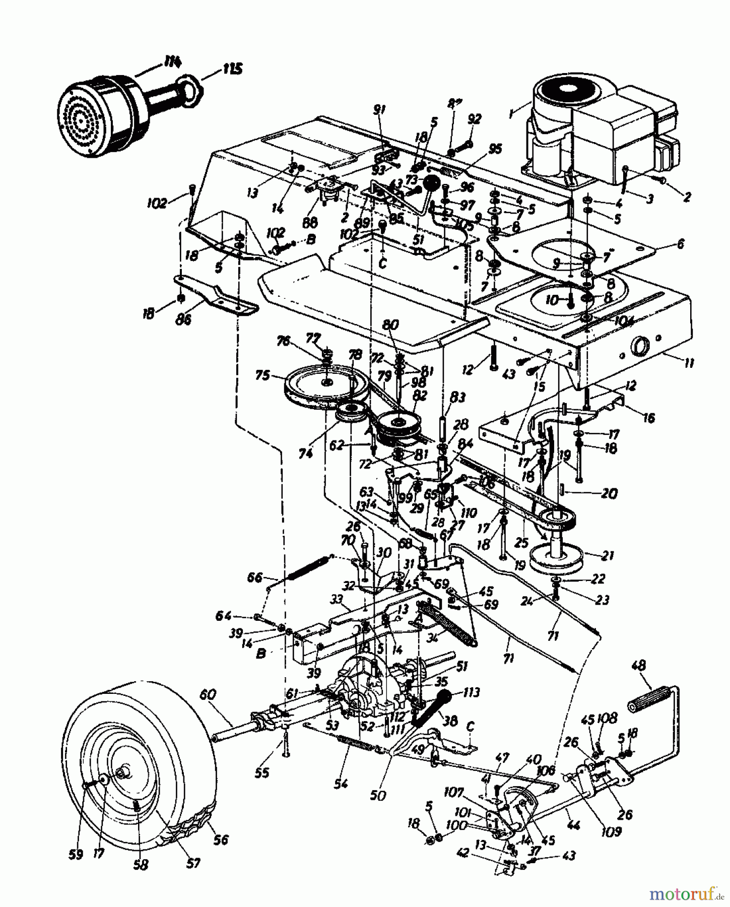  Novotrac Rasentraktoren NOVOTRAC 110 136-6821  (1986) Fahrantrieb, Motorkeilriemenscheibe, Pedal, Räder hinten
