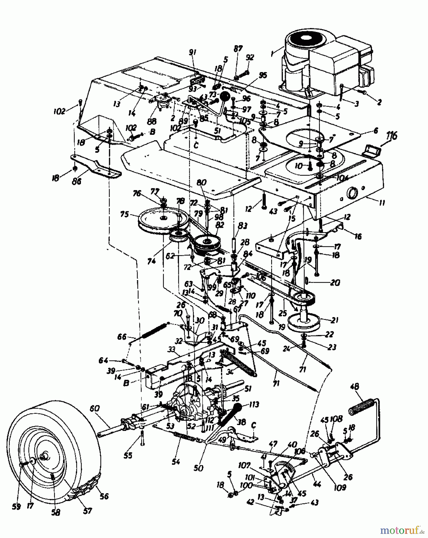 Novotrac Rasentraktoren NOVOTRAC 111 137-5670 (1987) Fahrantrieb, Motorkeilriemenscheibe, Pedal, Räder hinten