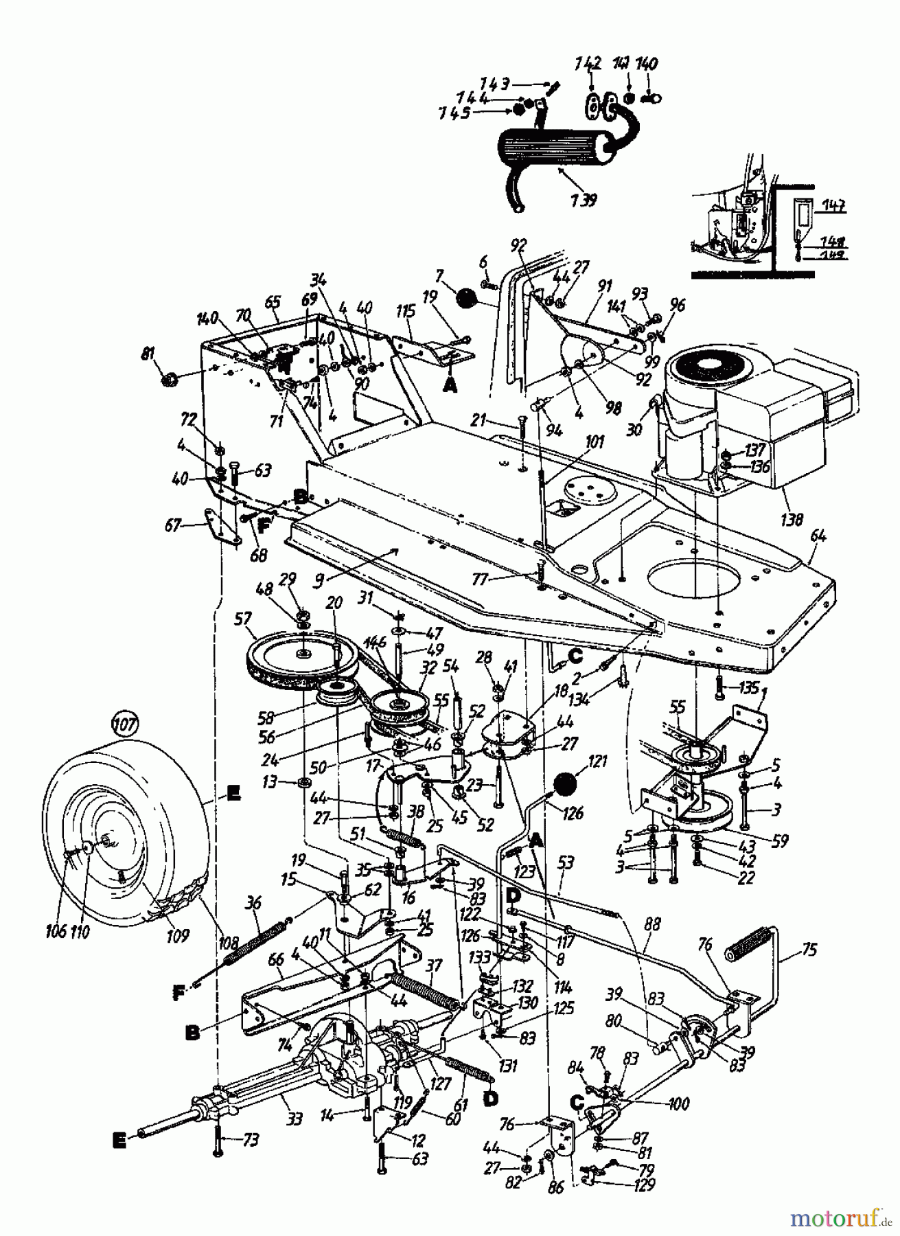  Columbia Rasentraktoren 111/810 138-3470  (1988) Fahrantrieb, Motorkeilriemenscheibe, Pedal, Räder hinten
